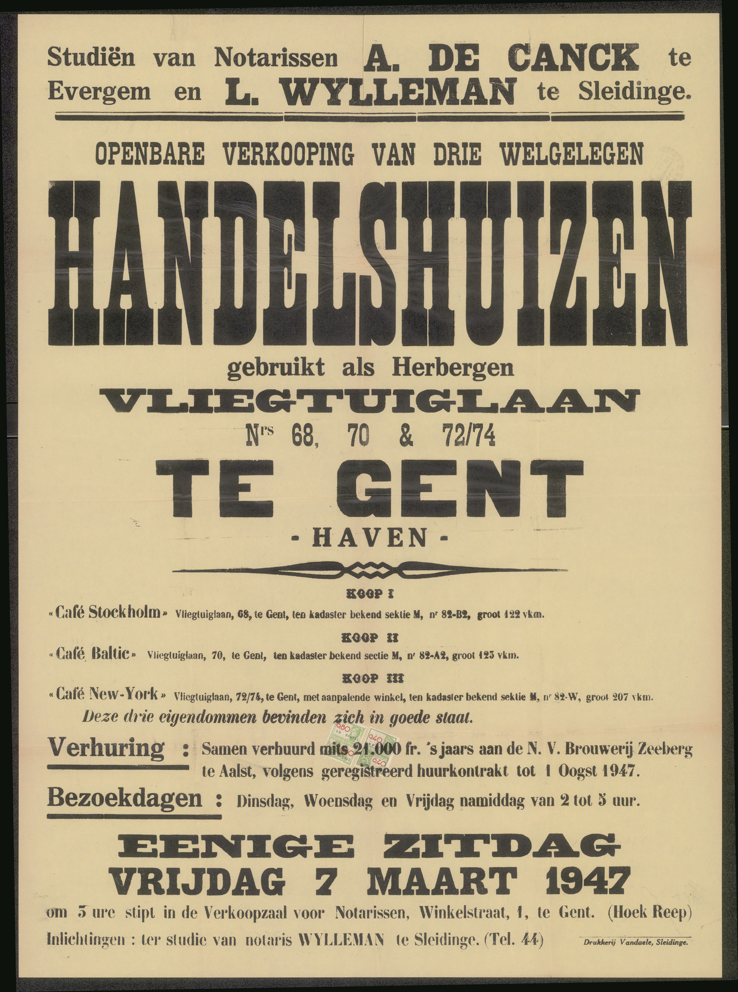 Openbare verkoop van drie welgelegen handelshuizen gebruikt als herbergen, Vliegtuiglaan, nrs. 68, 70 & 72/74 te Gent-Haven, Gent, 7 maart 1974