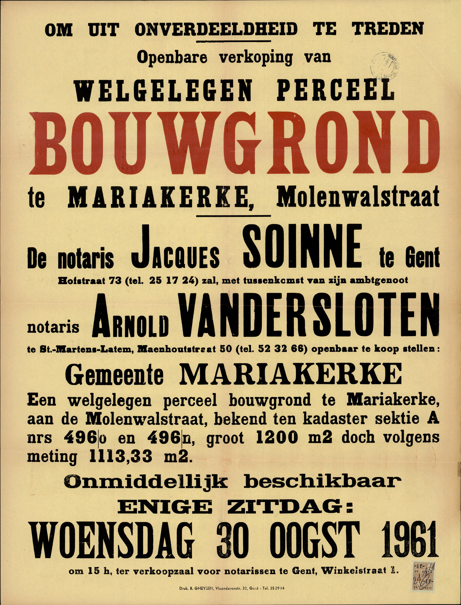 Openbare verkoop van welgelegen perceel bouwgrond te Mariakerke, Molenwalstraat, Gent, 30 augustus 1961