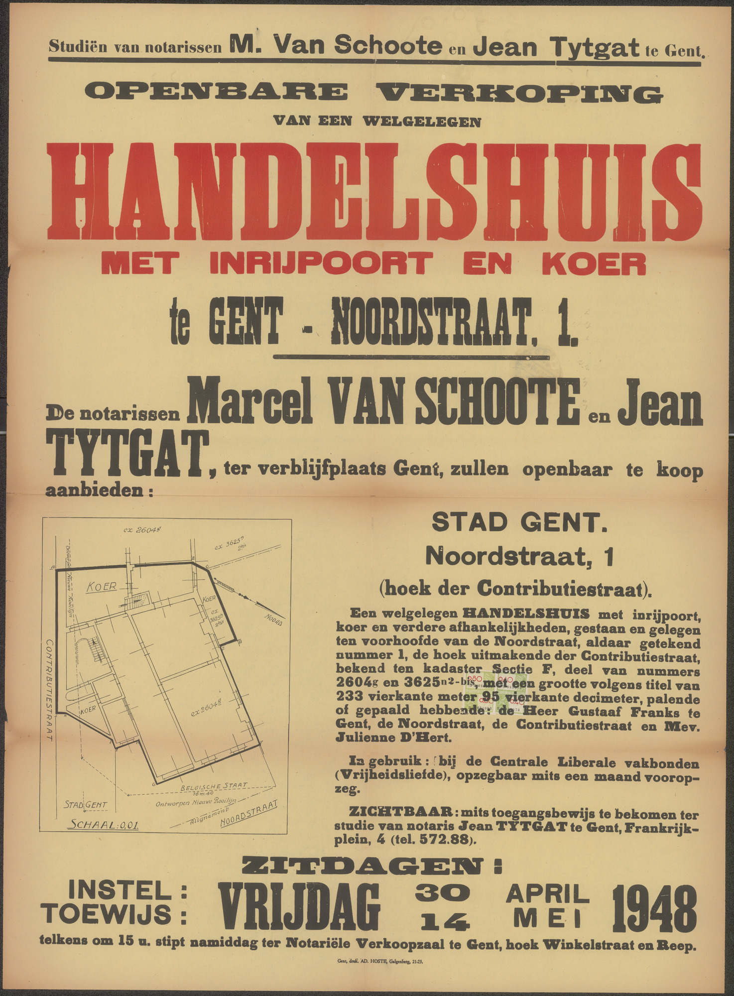 Openbare verkoop van een welgelegen handelshuis met inrijpoort en koer te Gent - Noordstraat, nr.1, Gent, 14 mei 1948