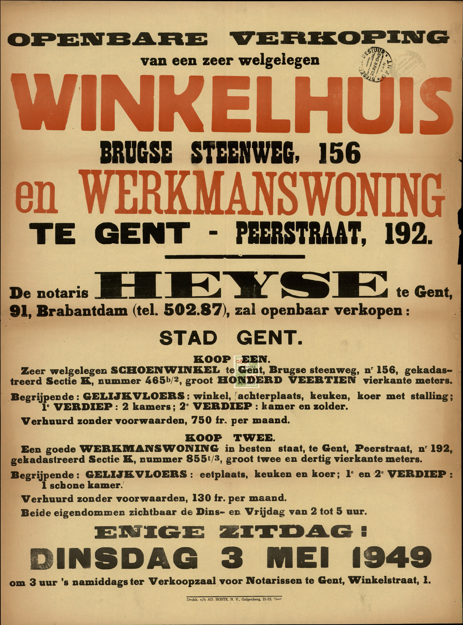 Openbare verkoop van een zeer welgelegen winkelhuis, Brugse Steenweg, nr.156 (Brugsesteenweg) en werkmanswoning te Gent, Peerstraat, nr.192, Gent, 3 mei 1949