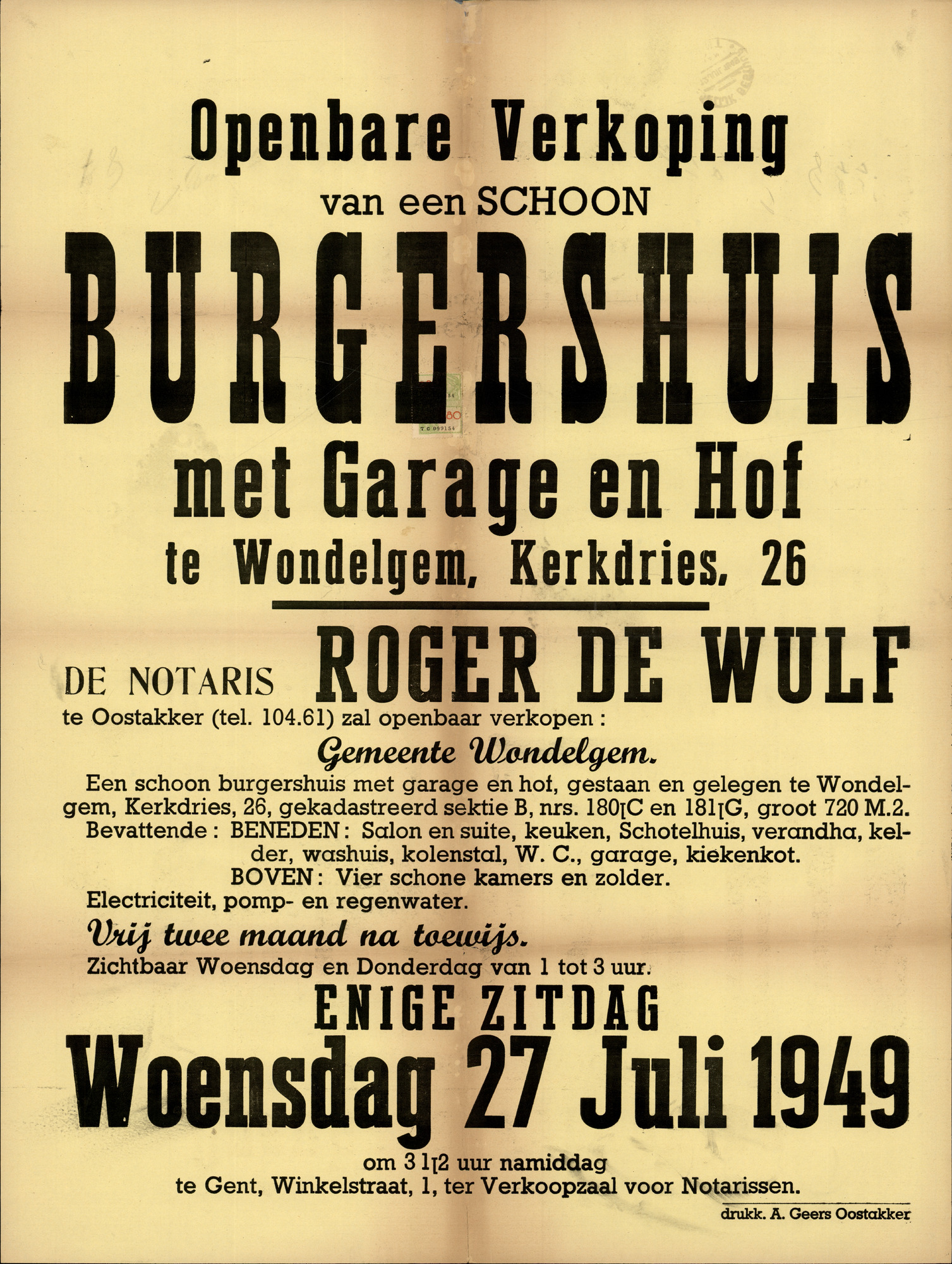 Openbare verkoop van een schoon burgershuis met garage en hof te Wondelgem, Kerkdries, nr.26, Gent, 27 juli 1949