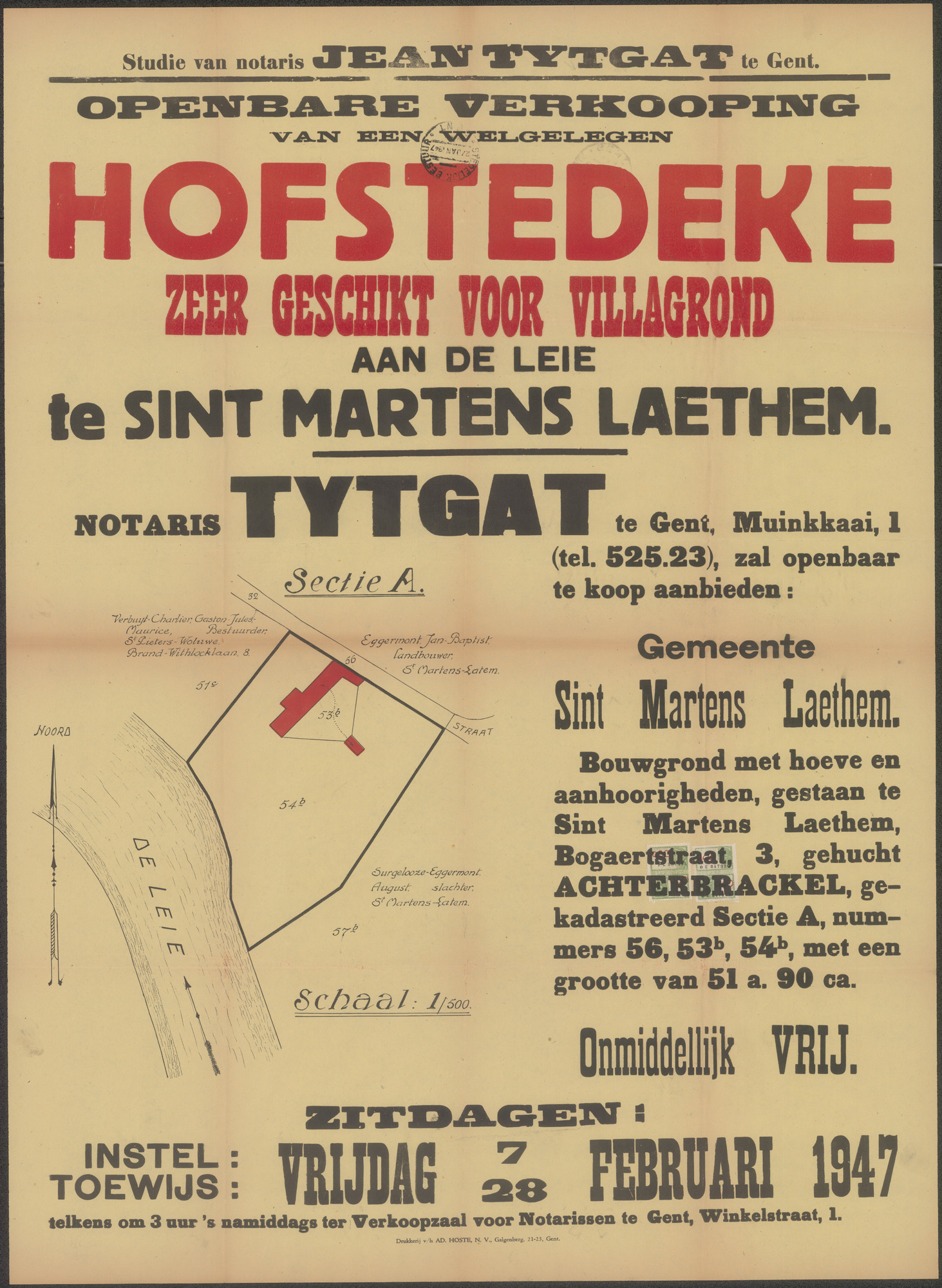 Openbare verkoop van een welgelegen hofstedeke zeer geschikt voor villagrond aan de Leie te Sint Martens Laethem (Sint-Martens-Latem), Gent, 28 februari 1947