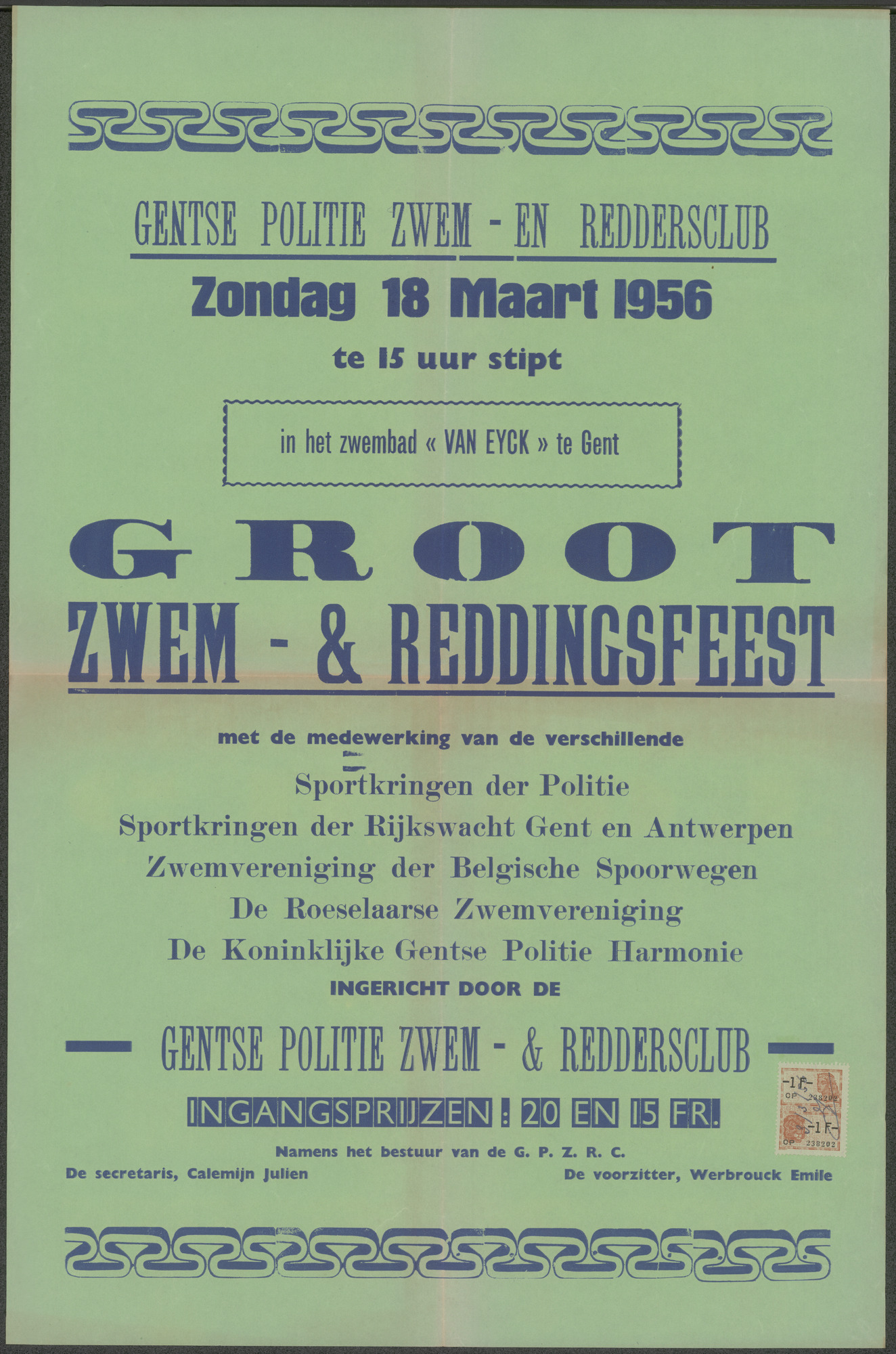 Groot Zwem- & Reddingsfeest, Gentse Politie Zwem - en Reddersclub, in het zwembad Van Eyck, Gent, zondag 18 maart 1956