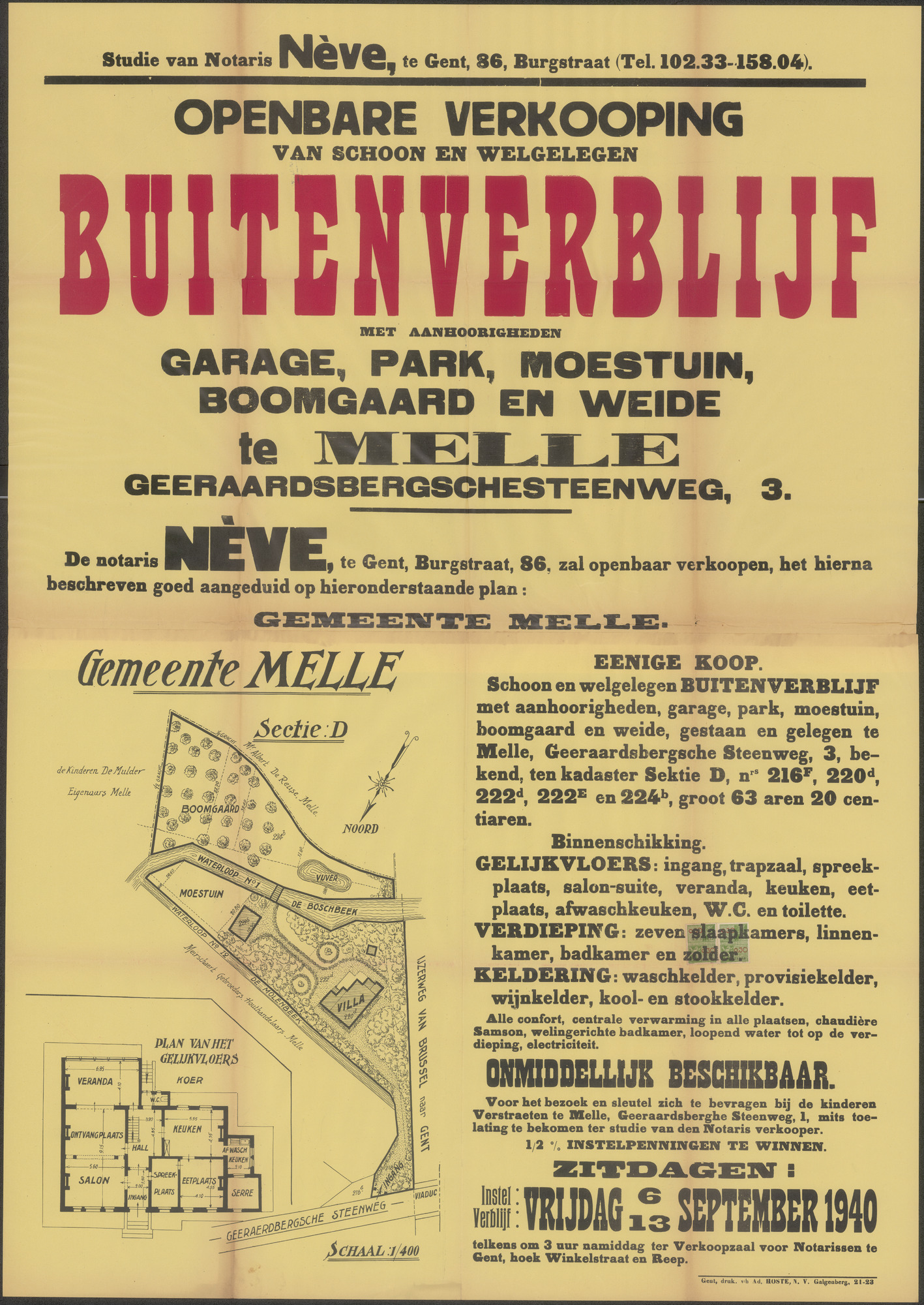 Openbare verkoop van schoon en welgelegen buitenverblijf met garage, park, moestuin, boomgaard en weide te Melle, Geeraardsbergschesteenweg (Geraardsbergsesteenweg), nr. 3, Gent, 13 september 1940