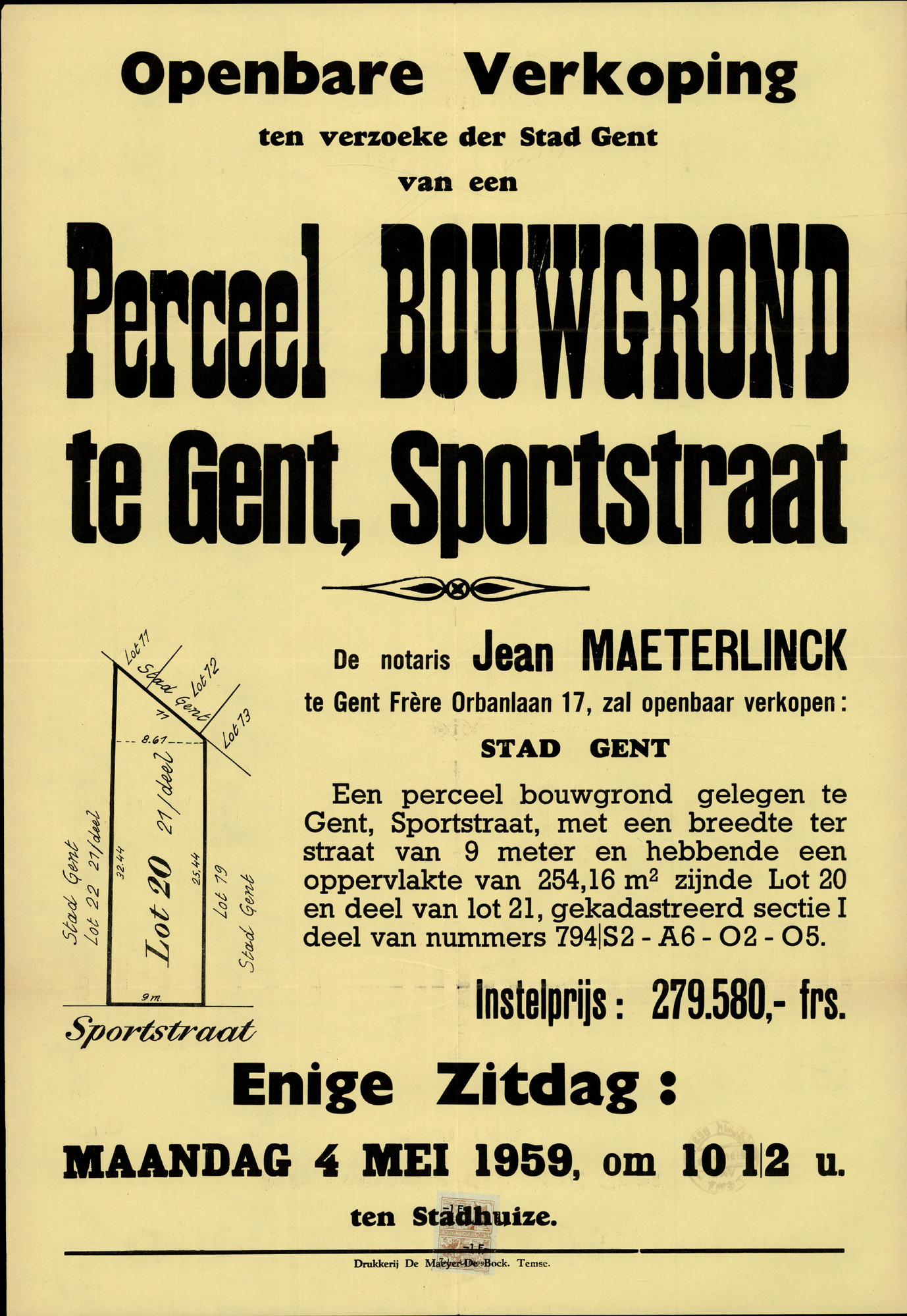 Openbare verkoop ten verzoeke der Stad Gent van een Perceel Bouwgrond te Gent, Sportstraat, Gent, 4 mei 1959