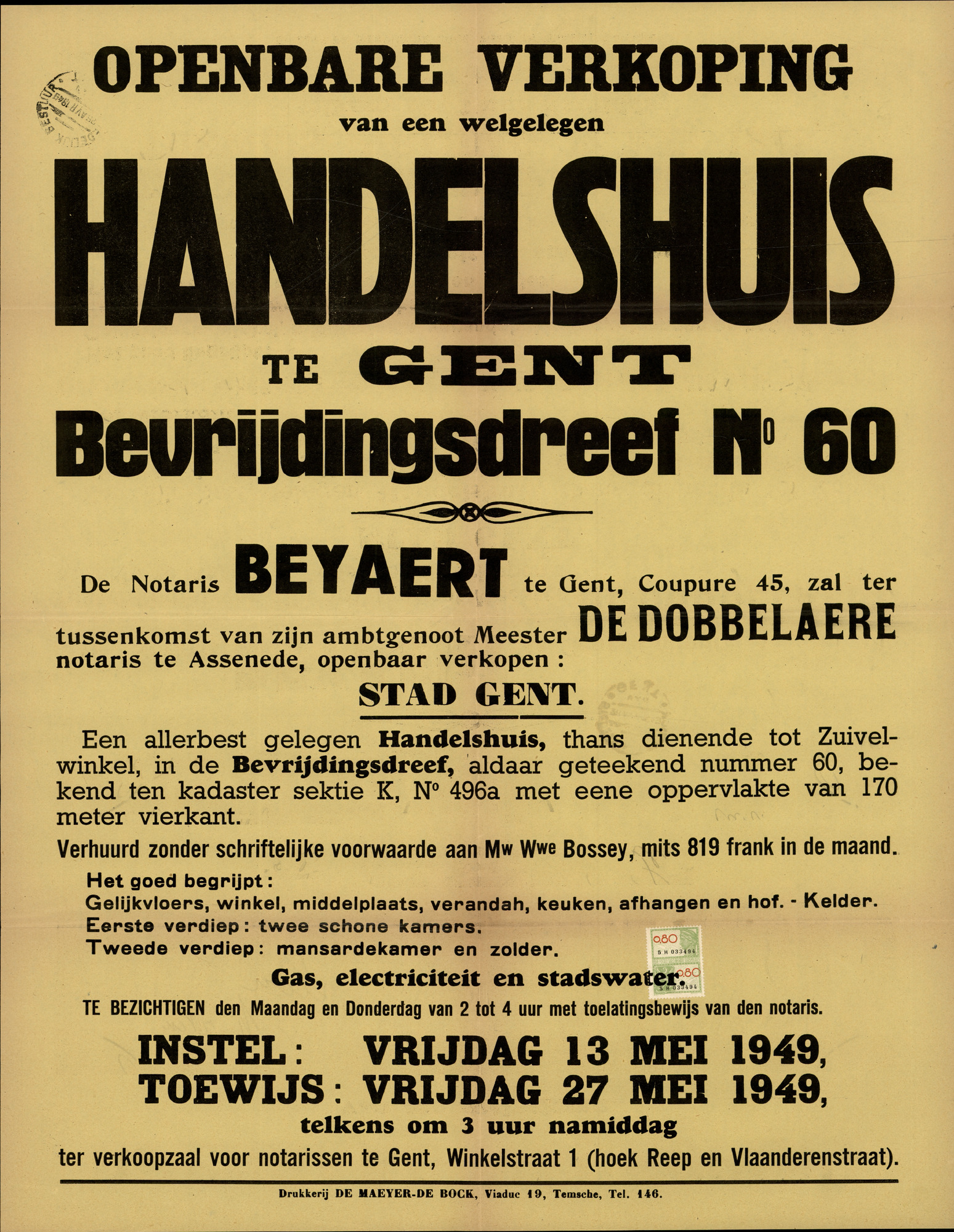 Openbare verkoop van een welgelegen handelshuis te Gent, Bevrijdingsdreef, nr.60, Gent, 27 mei 1949