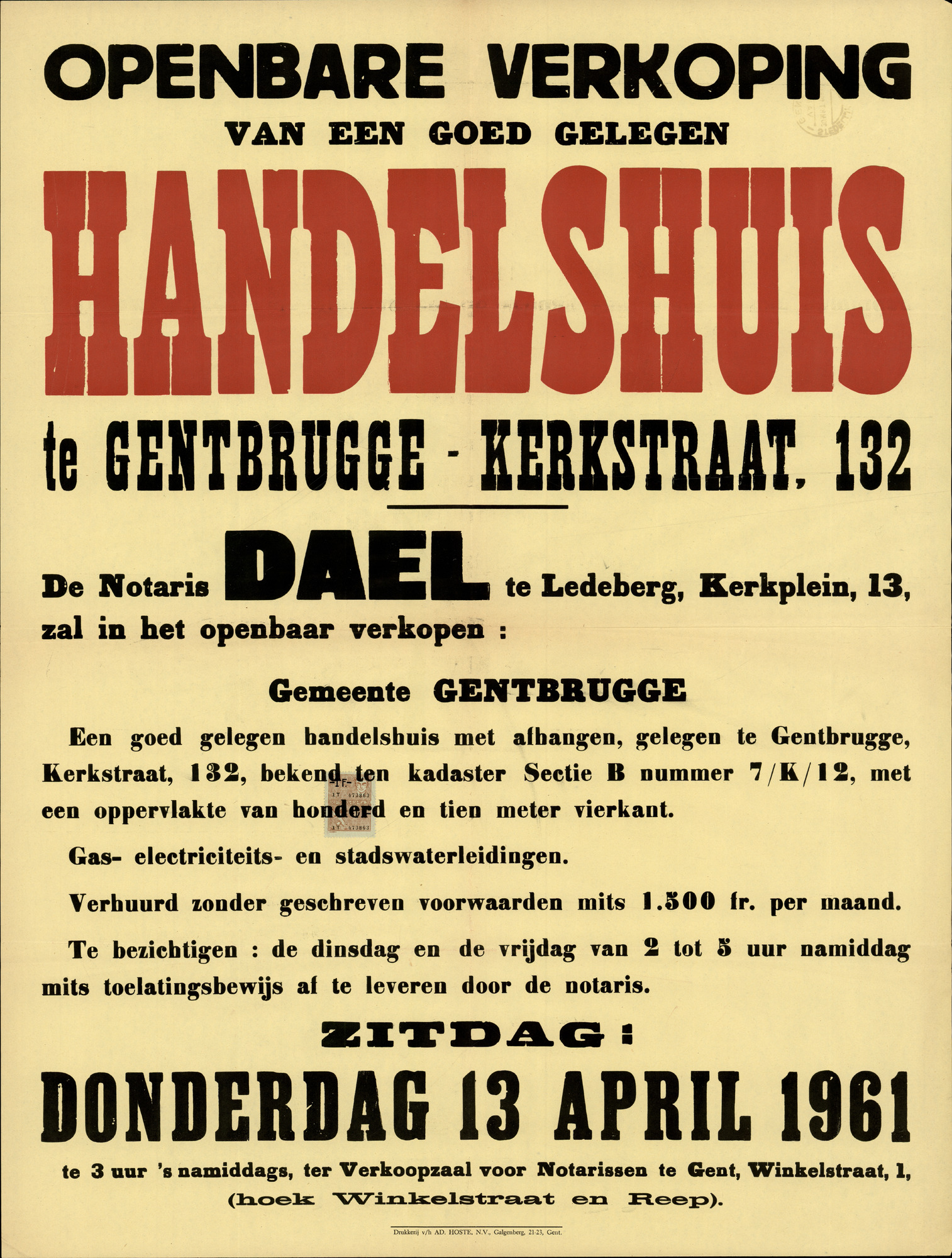 Openbare verkoop van een goed gelegen handelshuis te Gentbrugge, Kerkstraat, nr.132, Gent, 13 april 1961