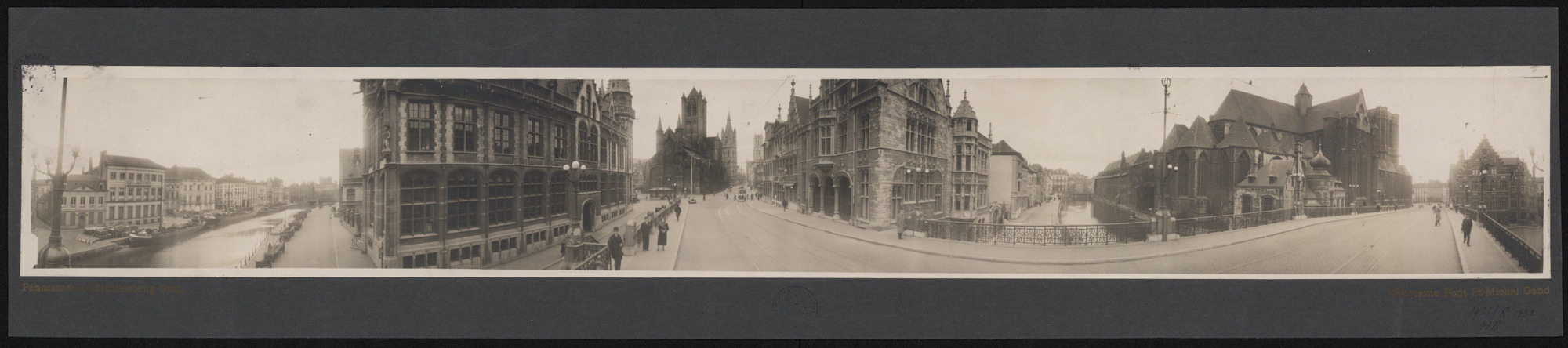 Gent: Panoramafoto Sint-Michielsbrug met: Korenlei en Graslei, Postgebouw, Sint-Michielshelling, Torens van Sint-Niklaaskerk, Belfort en Sint-Baafs, Predikherenlei, Pand, Sint-Michielsbrug en Sint-Michielskek