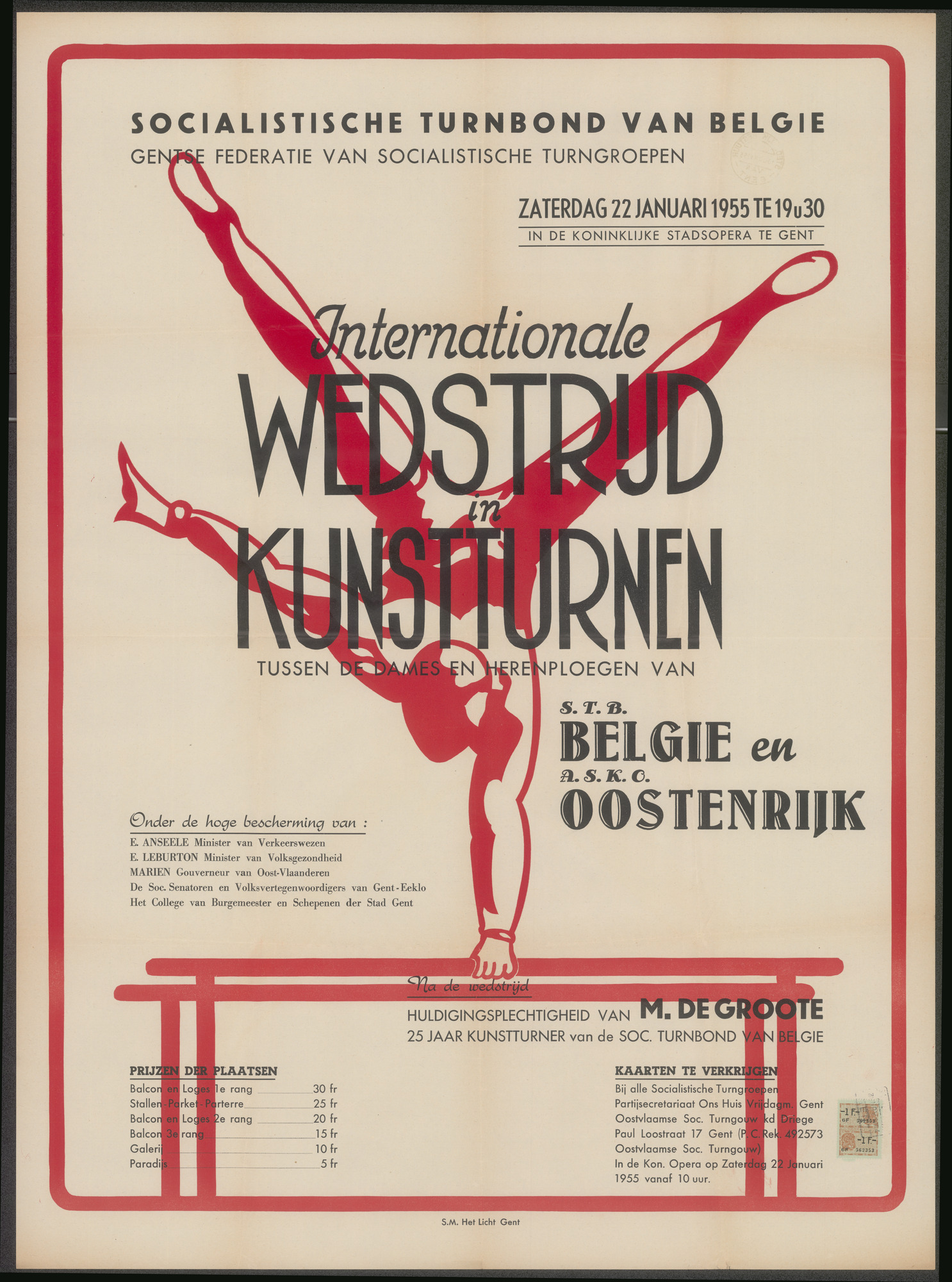 Internationale Wedstrijd in Kunstturnen, tussen de dames en herenploegen België en Oostenrijk, in de koninklijke Stadsopera te Gent, 22 januari 1955