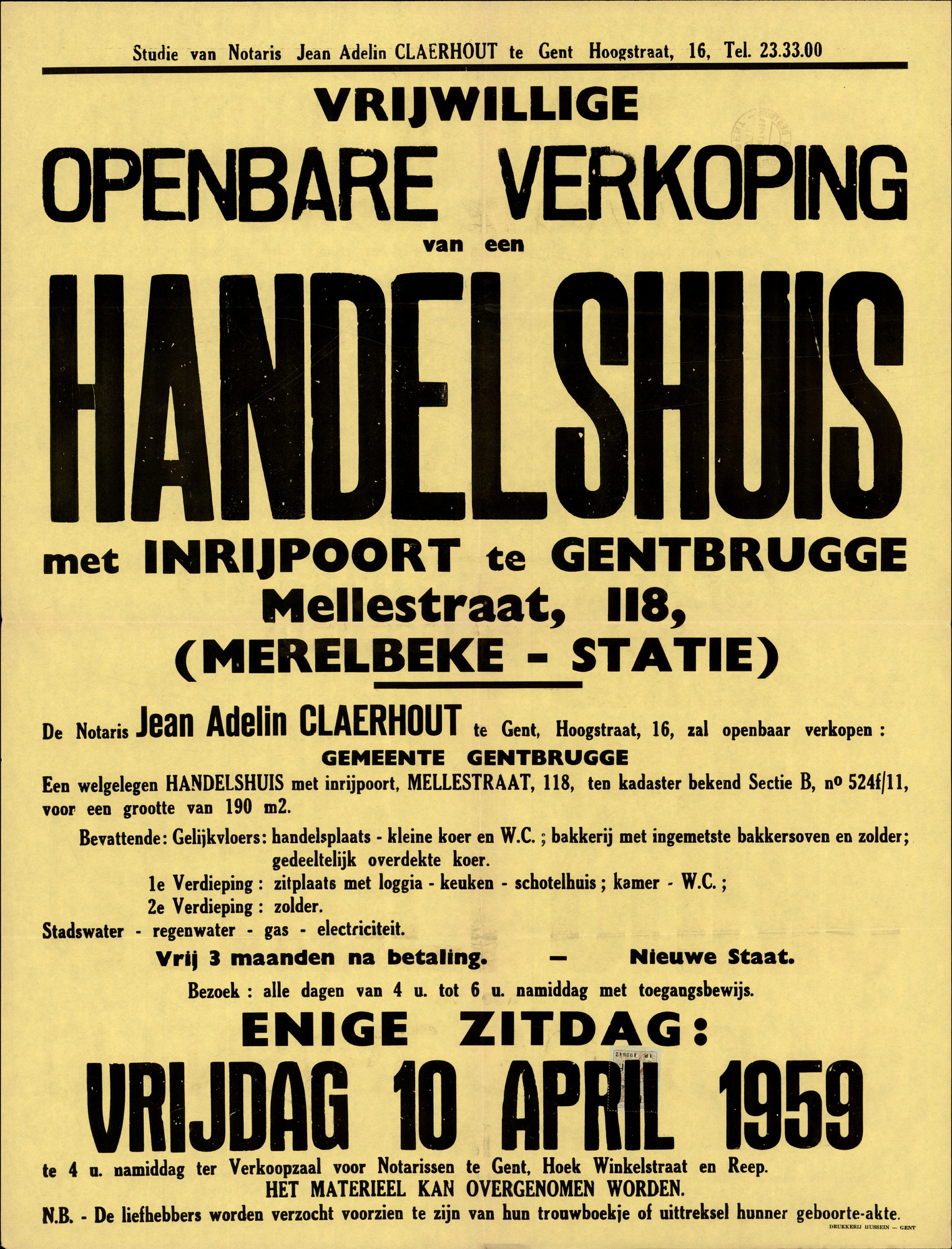 Vrijwillige openbare verkoop van een handelshuis te Gentbrugge, Mellestraat, nr.118, (Merelbeke - Statie), Gent, 10 april 1959