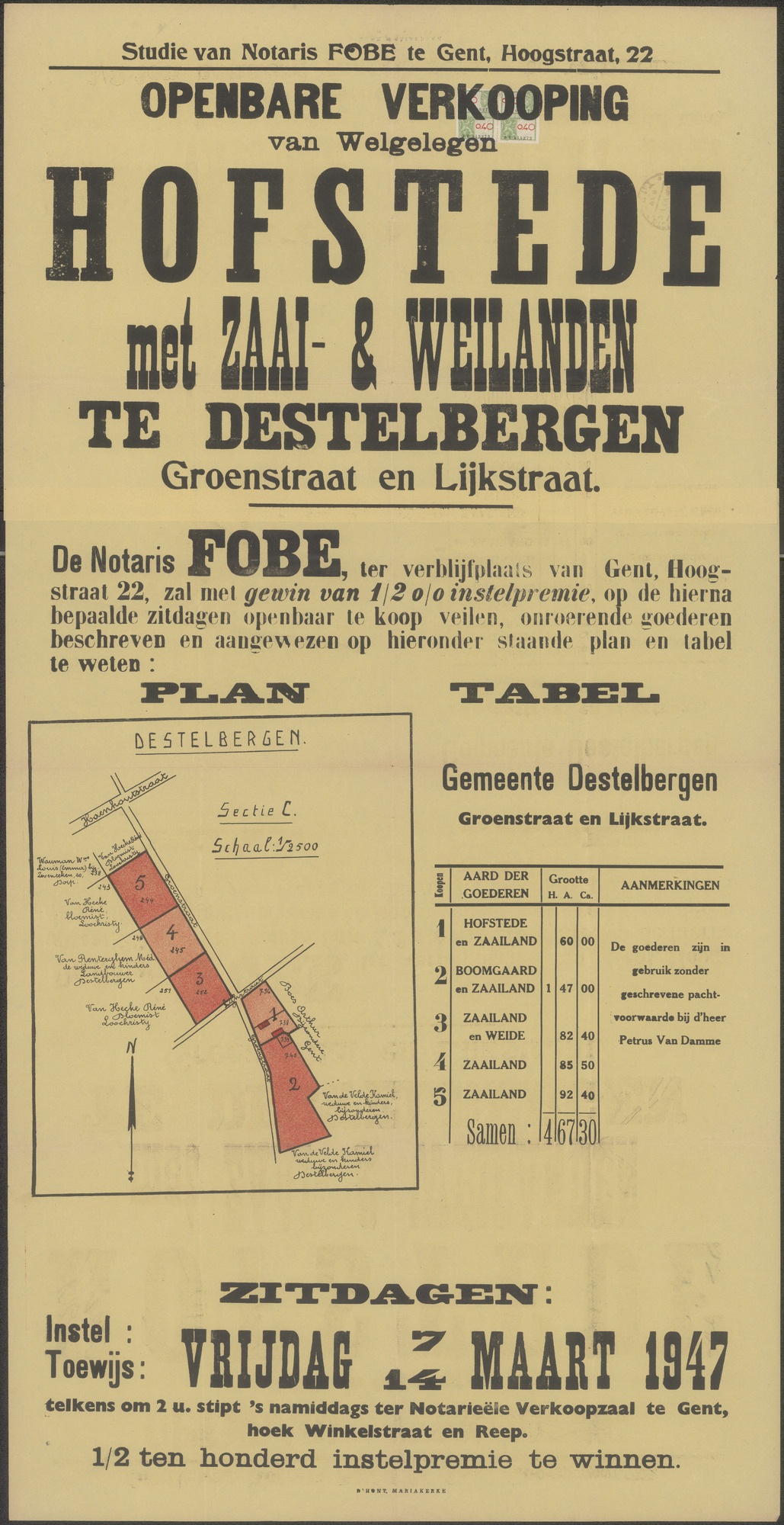 Openbare verkoop van welgelegen Hofstede met zaai- & weilanden te Destelbergen, Groenstraat en Lijkstraat, Gent, 14 maart 1947