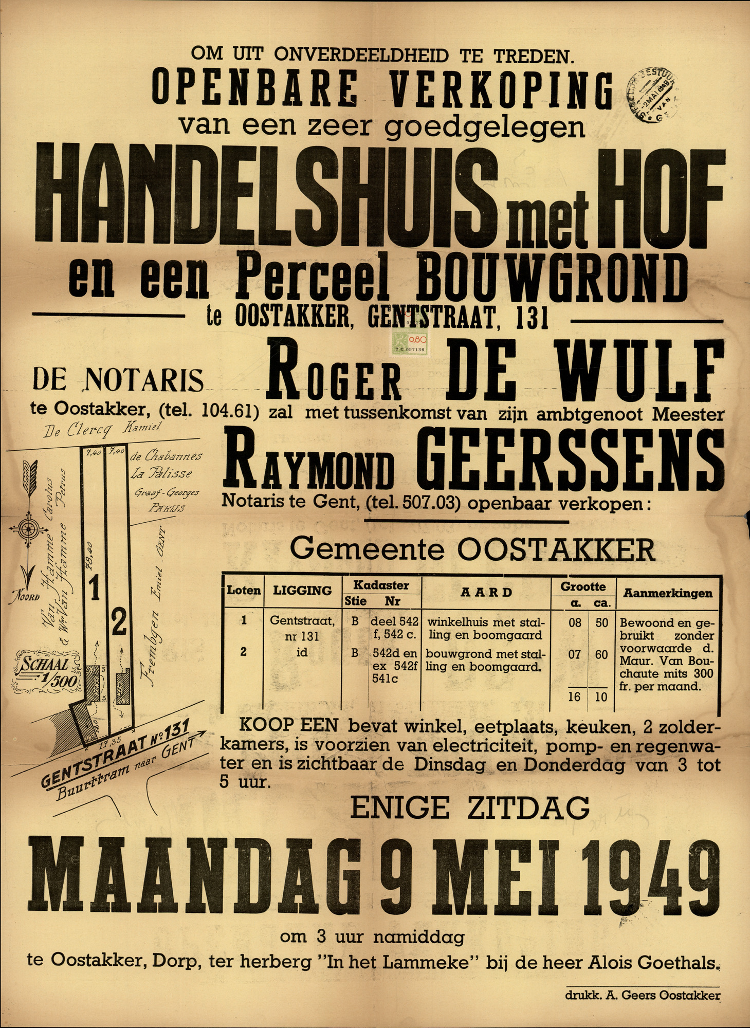 Openbare verkoop van een zeer goed gelegen handelshuis met hof en een perceel bouwgrond te Oostakker, Gentstraat, nr.131, Oostakker, 9 mei 1949