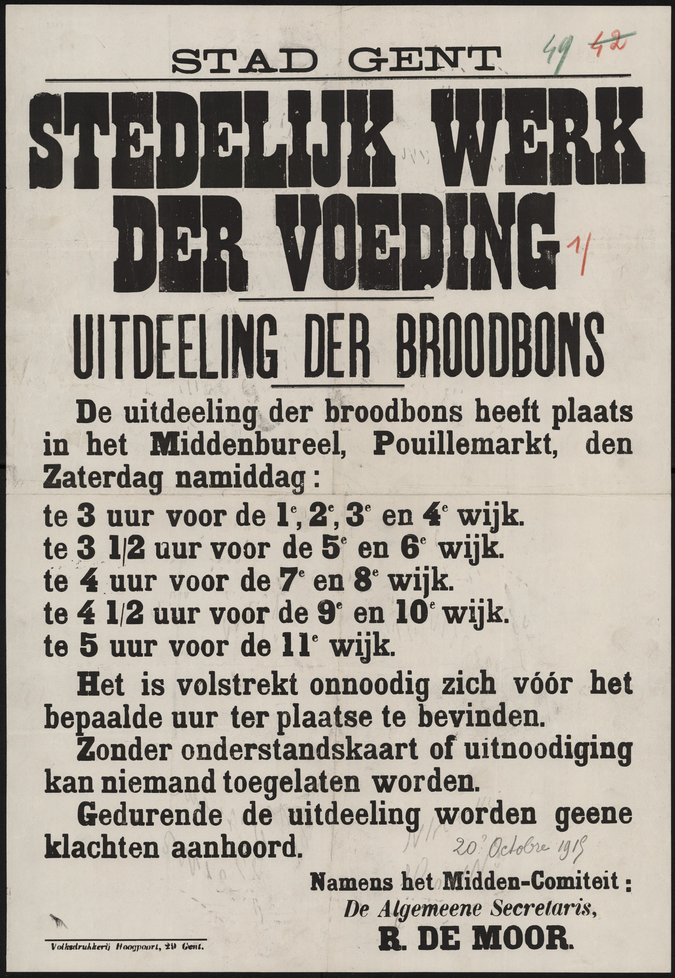 Stad Gent, Stedelijk werk der voeding, Uitdeeling der broodbons.