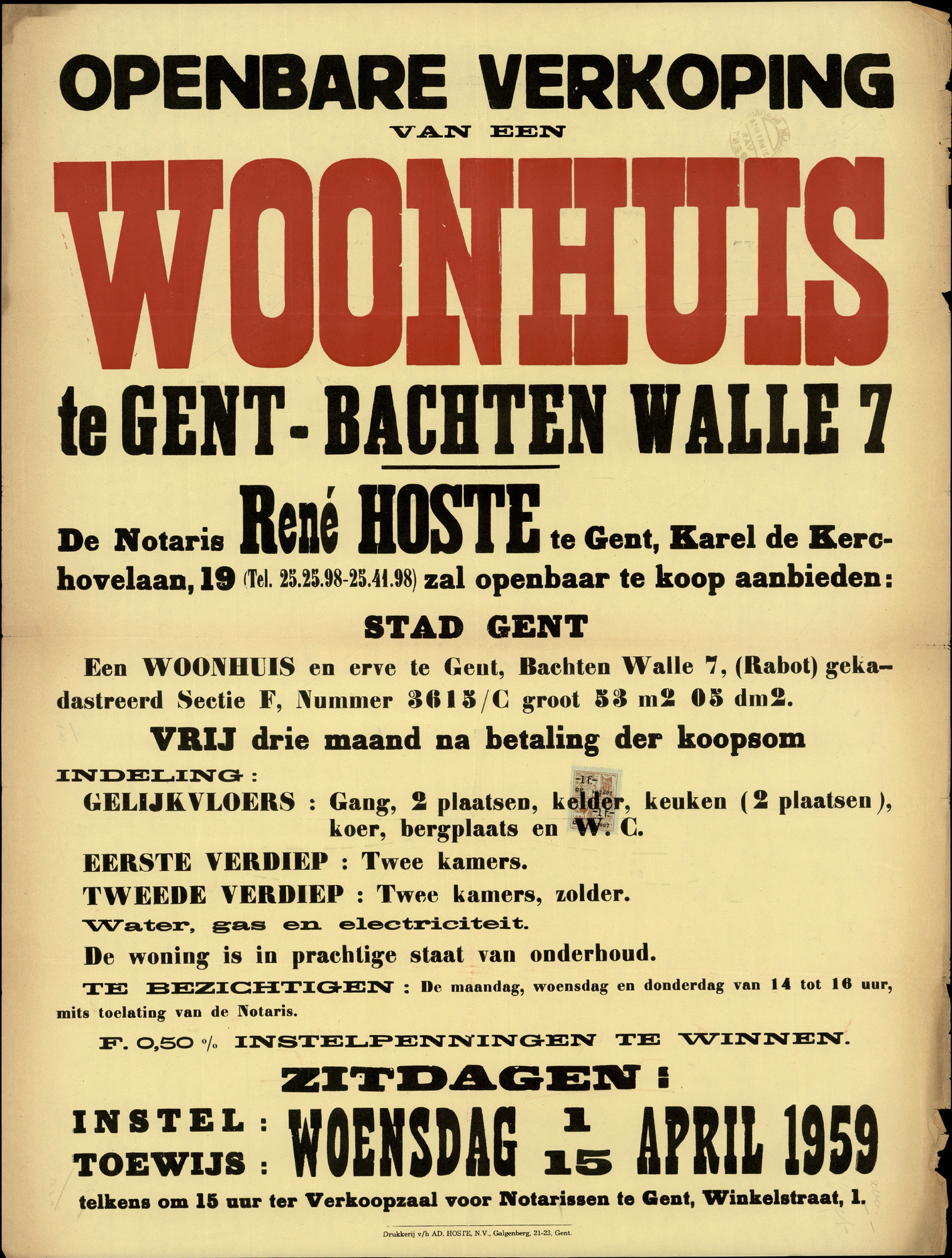 Openbare verkoop van een woonhuis te Gent, Bachten Walle, nr.7, Gent, 15 april 1959