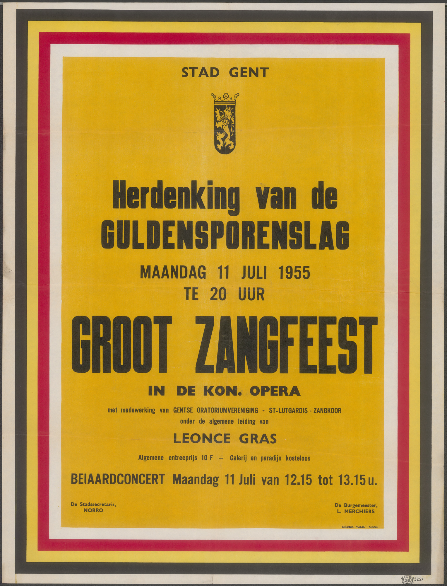 Herdenking van de Guldensporenslag, Groot Zangfeest in de Koninklijke Opera Gent, Beiaardconcert, 11 juli 1955