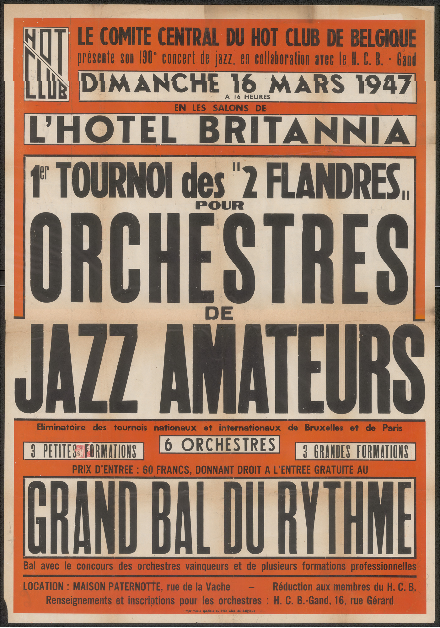 Concert de jazz, Tournoi des 2 Flandres pour orchestres de jazz amateurs, Grand bal du rythme, Hotel Britannia, Gent, 16 maart 1947