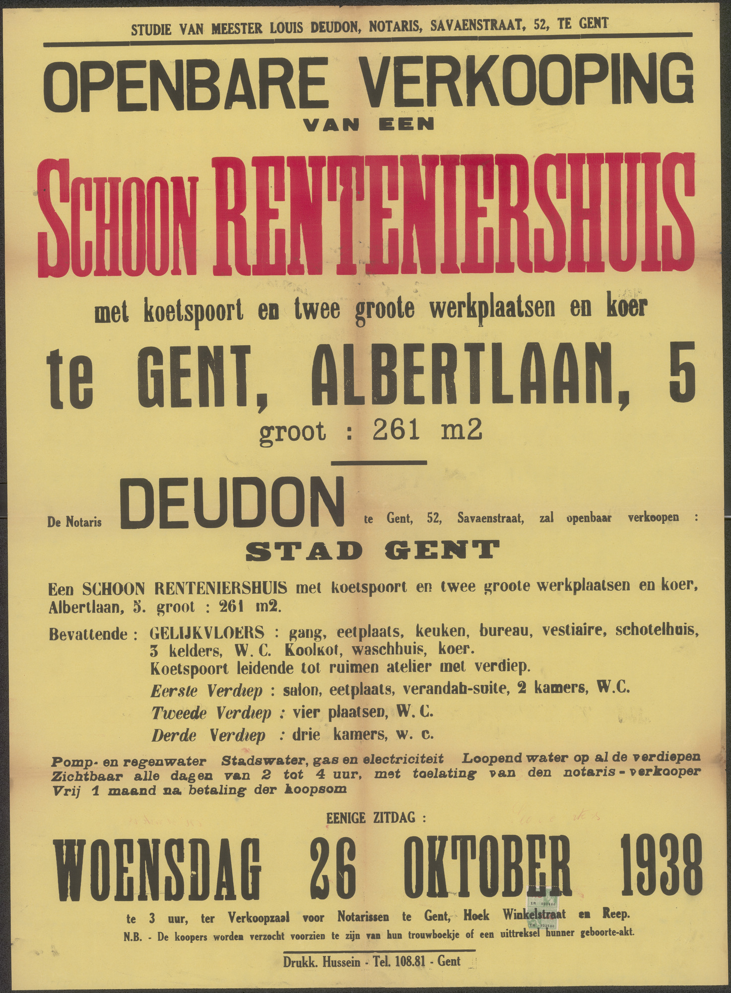 Openbare verkoop van een schoon renteniershuis met koetspoort en twee grote werkplaatsen en koer te Gent, Albertlaan, nr. 5, Gent, 26 oktober 1938