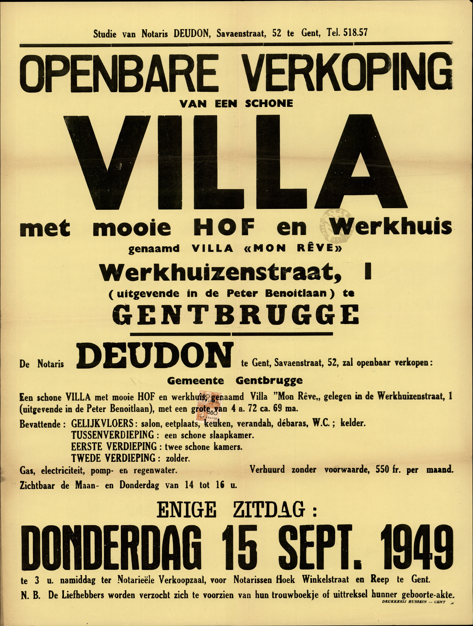 Openbare verkoop van een schone villa met mooie hof en werkhuis genaamd Villa "Mon Rêve", Werkhuizenstraat, nr.1 te Gentbrugge, Gent, 15 september 1949
