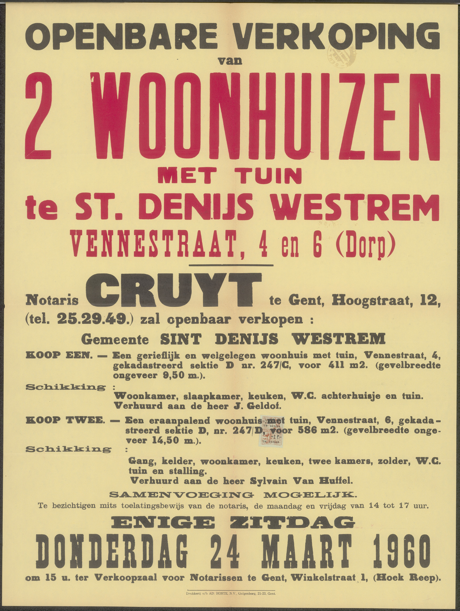 Openbare verkoop van 2 woonhuizen met tuin te Sint-Denijs-Westrem, Vennestraat, nrs.4 en 6 (Dorp), Gent, 24 maart 1960