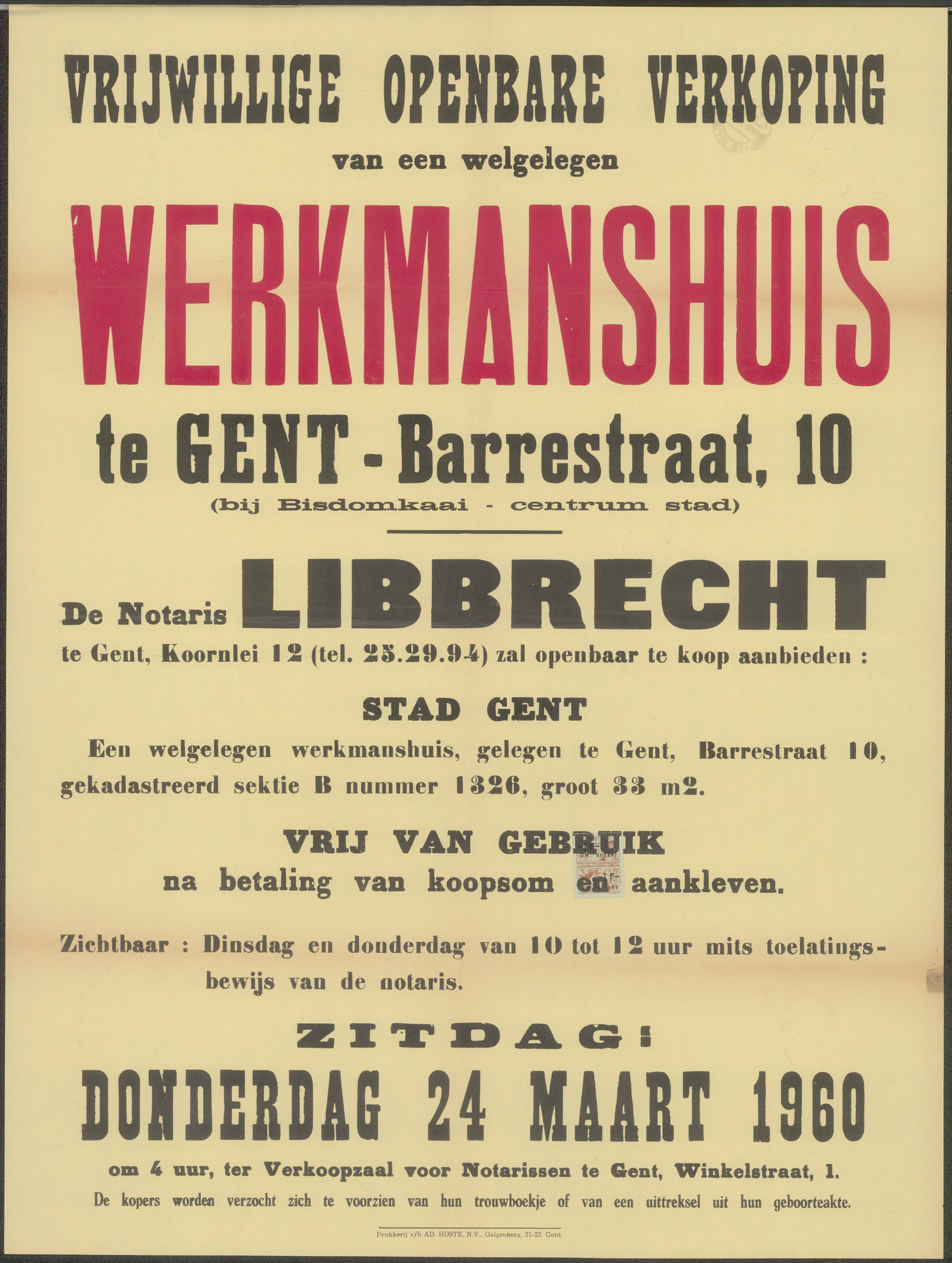Vrijwillige openbare verkoop van een welgelegen werkmanshuis te Gent - Barrestraat, nr.10 (bij Bisdomkaai - centrum stad), Gent, 24 maart 1960