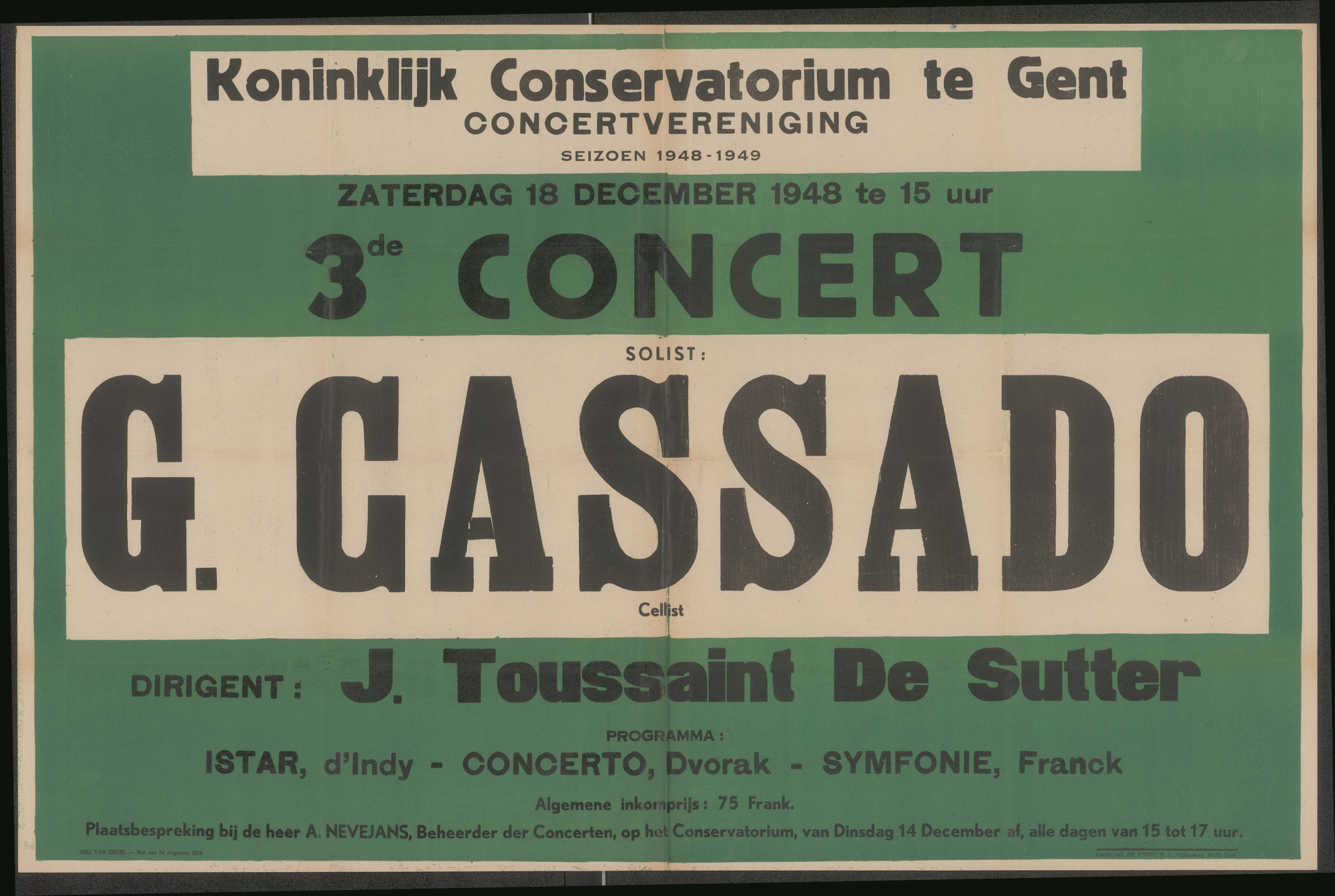 3de concert, Seizoen 1948-1949, Solist G. Cassado, Cellist Dirigent: J. Toussaint De Sutter, Koninklijk Conservatorium te Gent, Concertvereniging, Gent, 1948