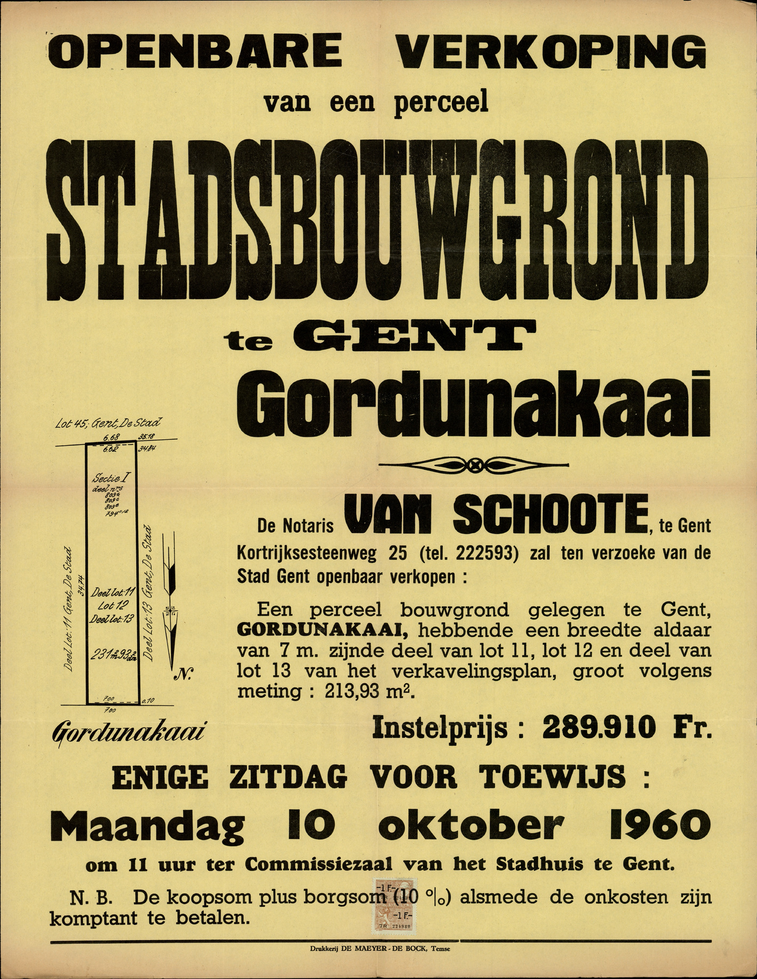 Openbare verkoop van een perceel stadsbouwgrond te Gent, Gordunakaai, Gent, 10 oktober 1960
