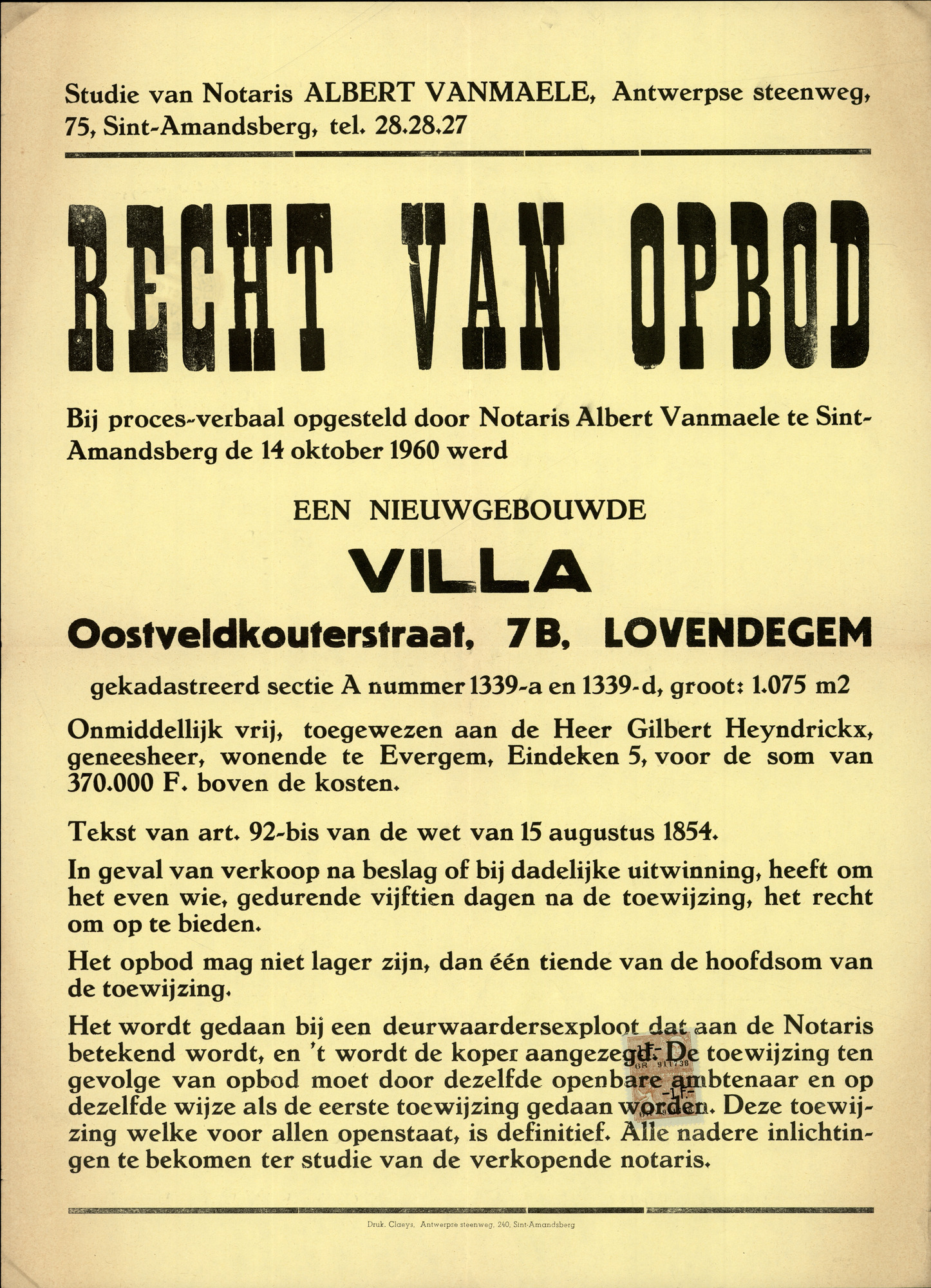 Openbare verkoop, een nieuwgebouwde villa, Oostveldkouterstraat, nr.7B, Lovendegem