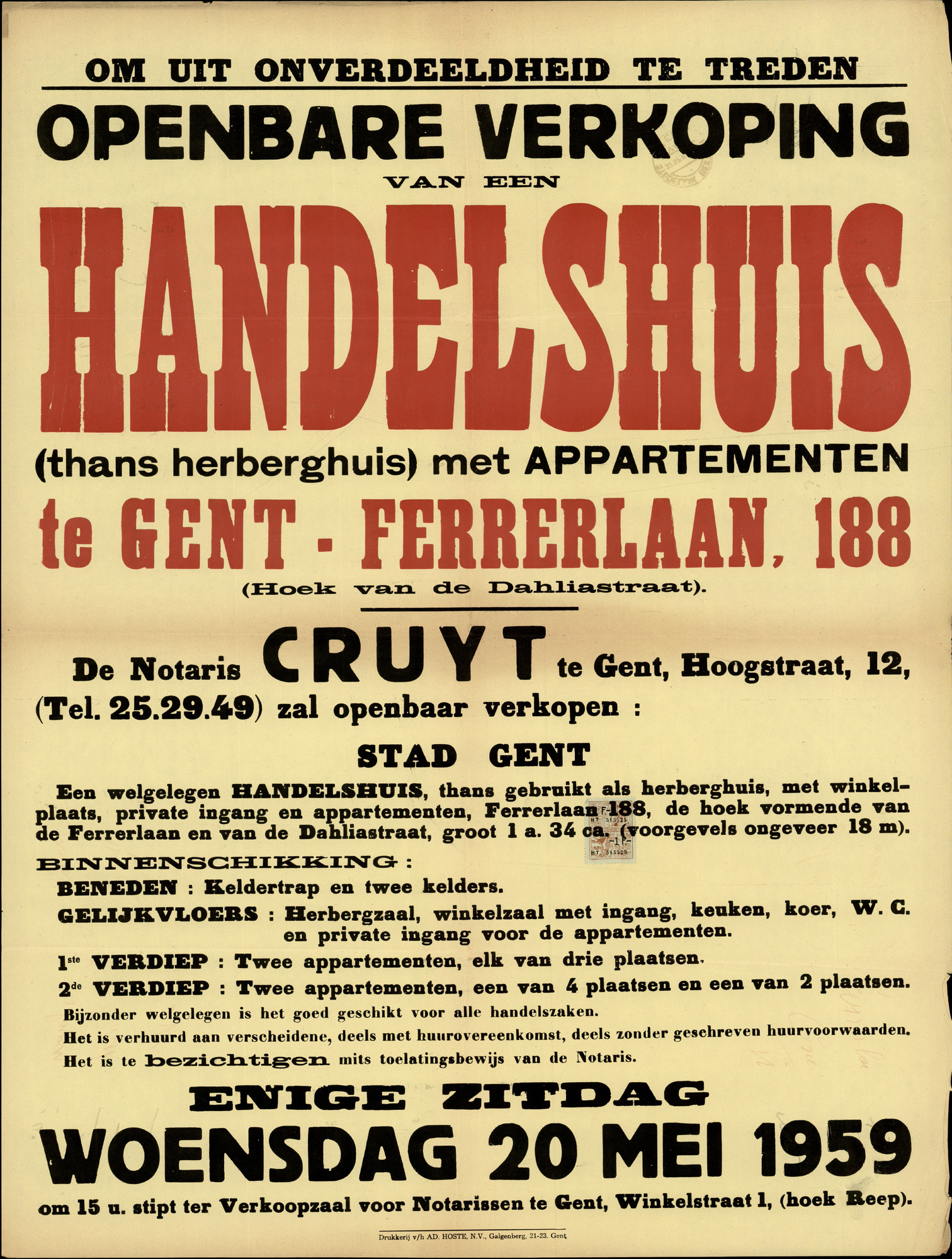 Openbare verkoop van een handelshuis (thans herberghuis) met appartementen te Gent, Ferrerlaan, nr.188, Gent, 20 mei 1959