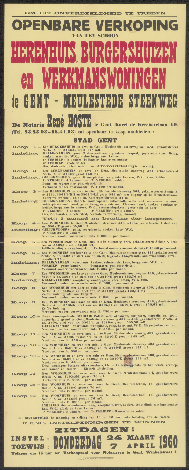 Openbare verkoop van een schoon herenhuis, burgershuizen en werkmanswoningen te Gent - Meulestede Steenweg, Gent, 7 april 1960