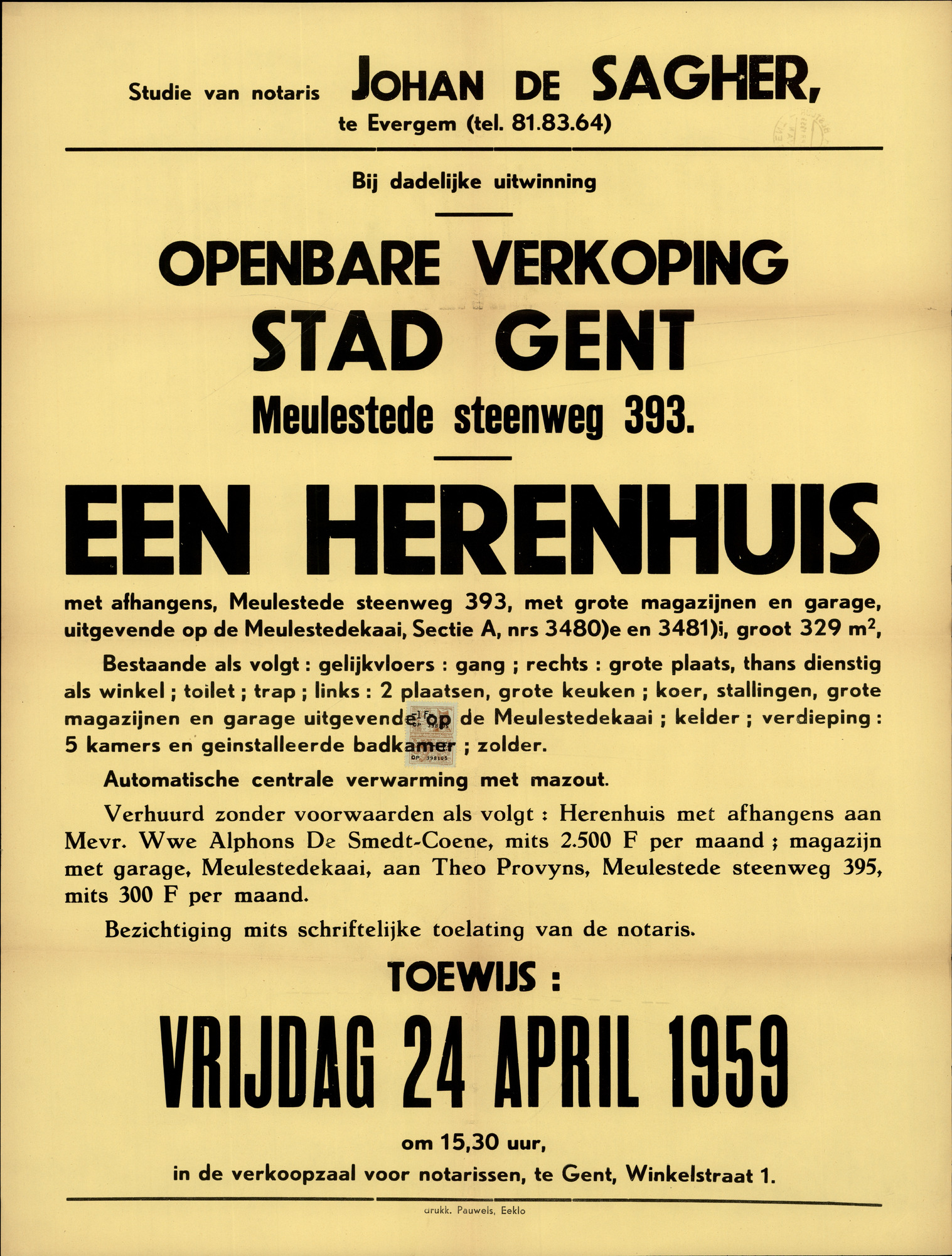 Openbare verkoop stad Gent, Meulestede steenweg, nr.393 (Meulesteedsesteenweg), een herenhuis, Gent, 24 april 1959