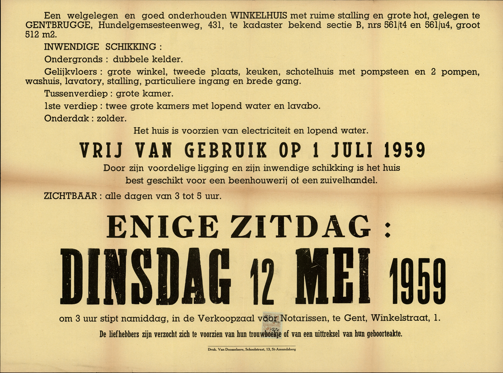 Openbare verkoop van een winkelhuis met grote hof te Gentbrugge, Hundelgemsesteenweg, nr.431 (tegenover het kerkhof van Ledeberg), Gent, 12 mei 1959