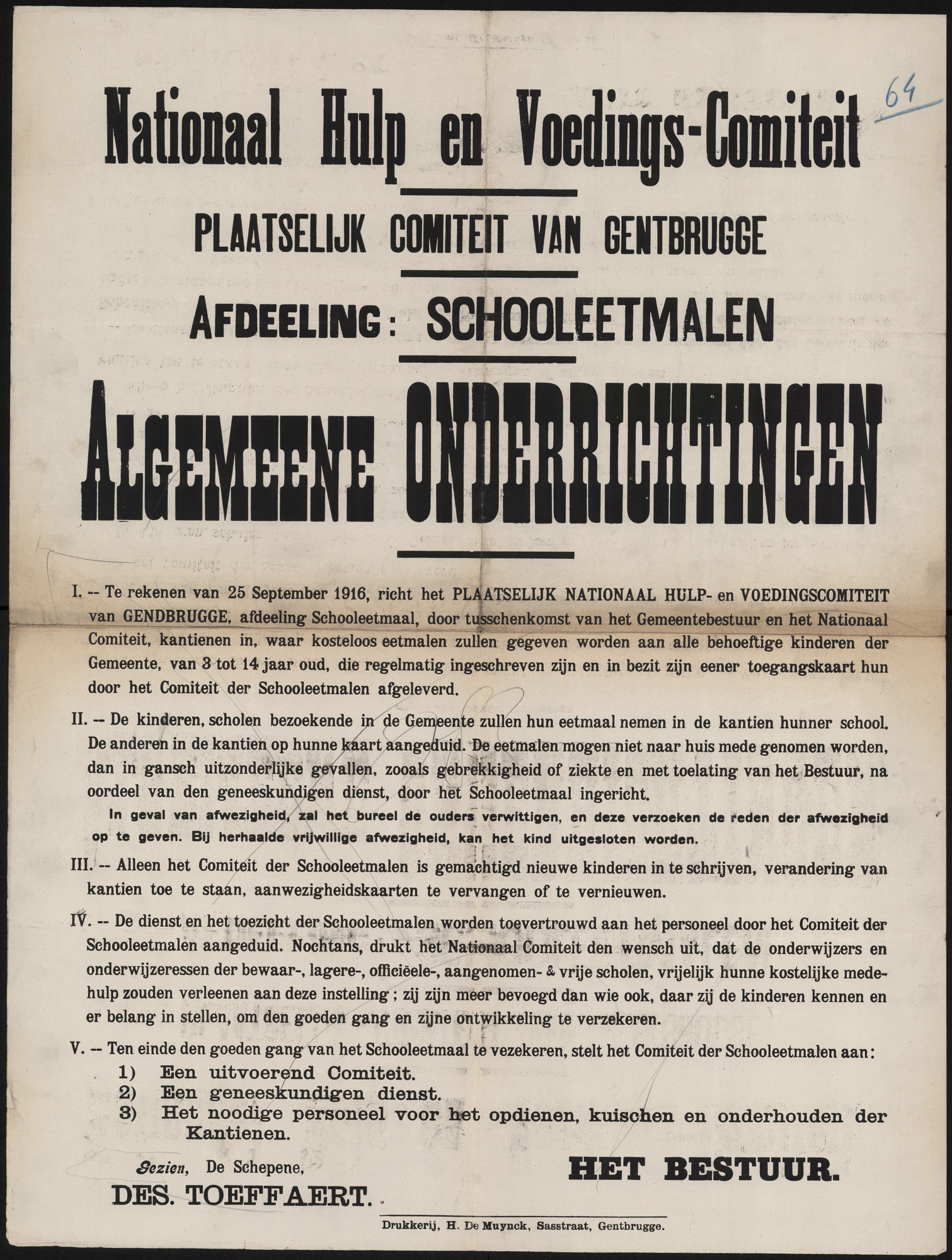 Nationaal Hulp- en Voedings-Comiteit, Plaatselijk Comiteit van Gentbrugge, Afdeeling: Schooleetmalen, Algemeene onderrichtingen.