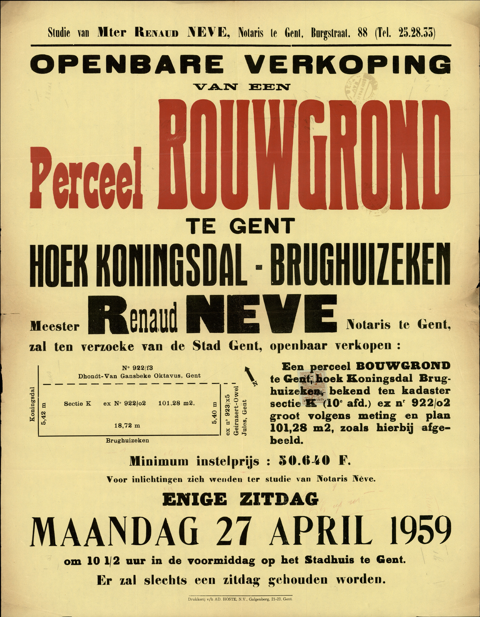 Openbare verkoop van een perceel bouwgrond te Gent, Hoek Koningsdal - Brughuizeken (nabij Rooigemlaan), Gent, 27 april 1959
