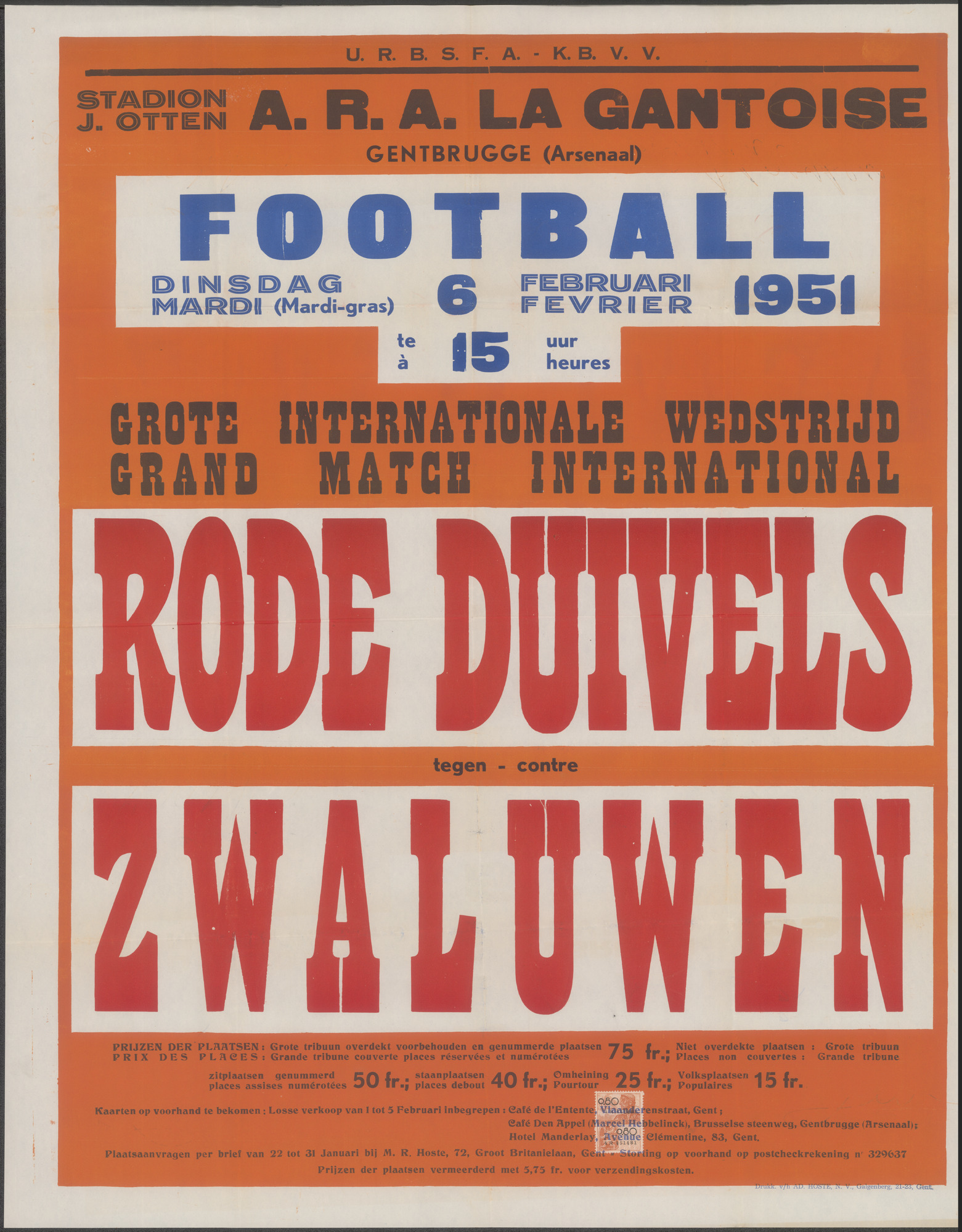 Rode Duivels tegen - contre Zwaluwen, Grote Internationale Wedstrijd - Grand Match International, Stadion J.Otten, A.R.A. La Gantoise, Gentbrugge (Arsenaal), Dinsdag - mardi 6 februari - fevrier, 1951 te / à 15 uur / heures