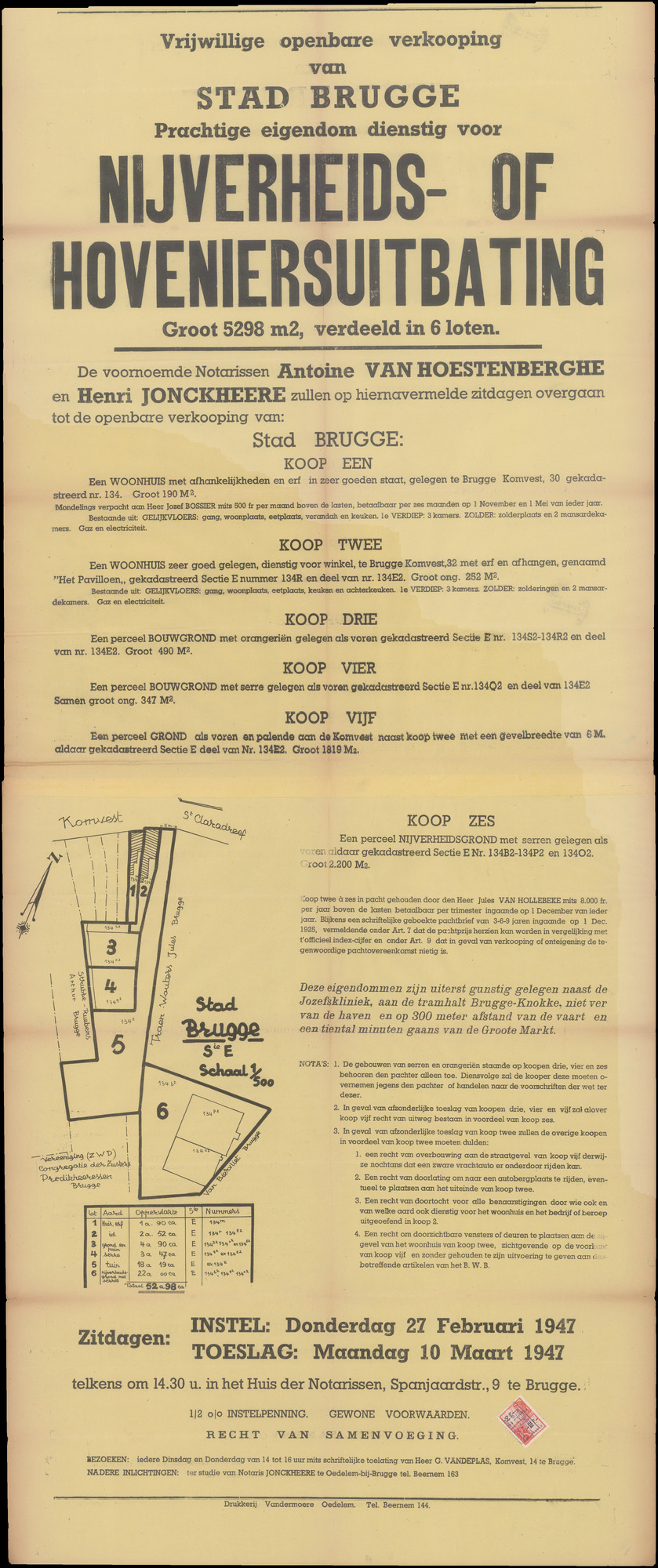 Vrijwillige openbare verkoop van prachtige eigendom dienstig voor nijverheids- of hoveniersuitbating, Brugge, 10 maart 1947
