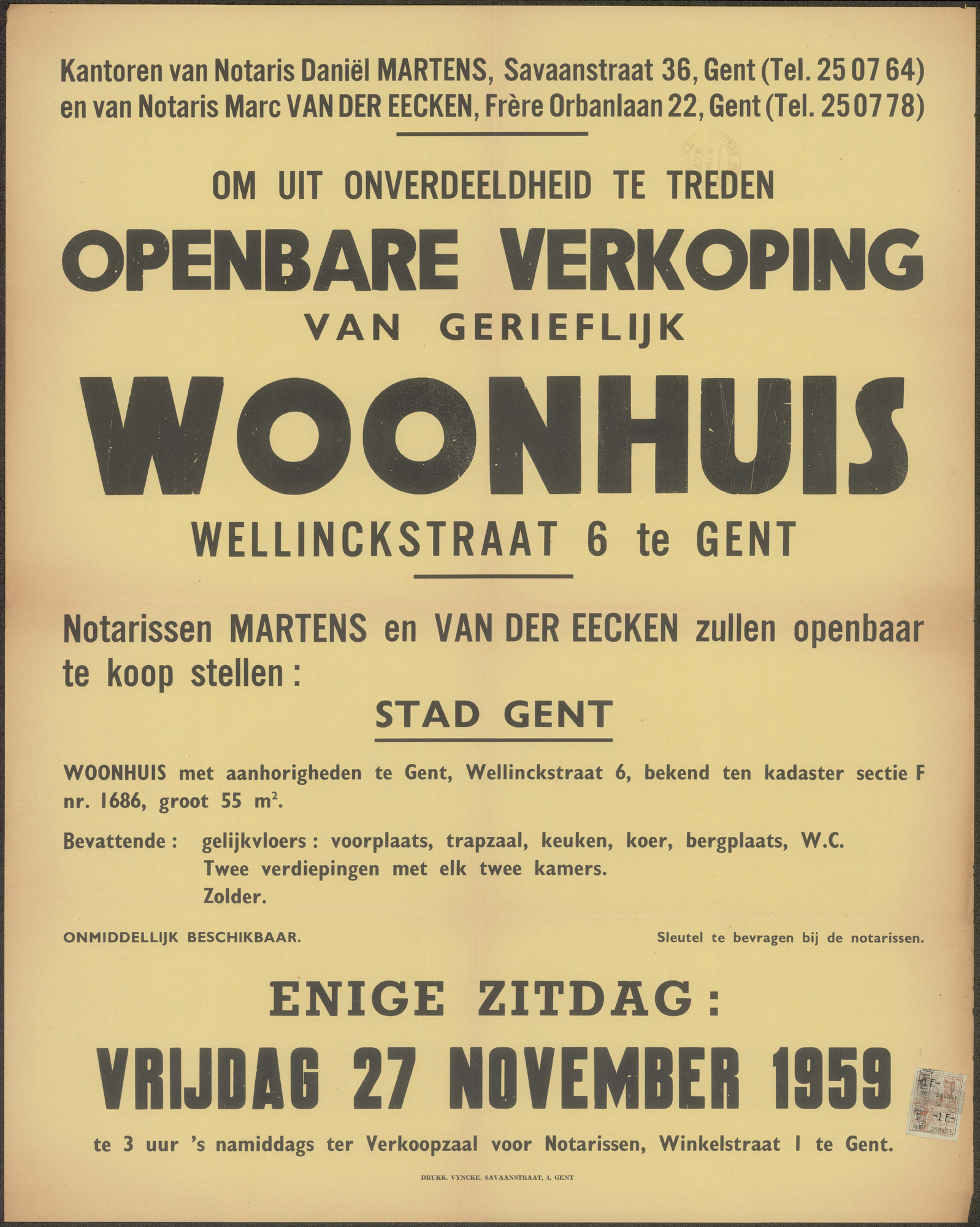 Openbare verkoop van gerieflijk woonhuis Wellinckstraat, nr.6 te Gent, Gent, 27 november 1959
