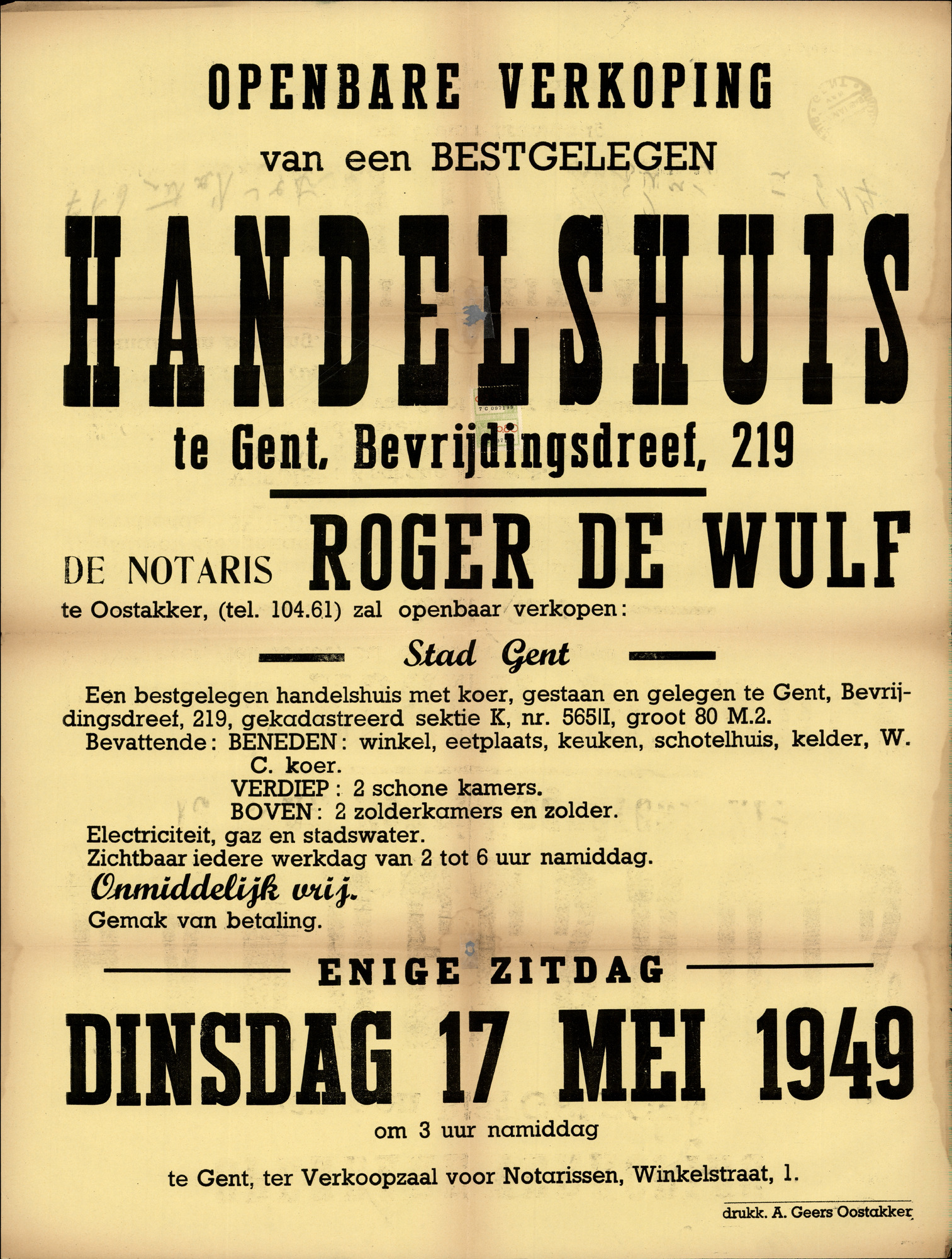 Openbare verkoop van een bestgelegen handelshuis te Gent, Bevrijdingsdreef, nr.219, Gent, 17 mei 1949