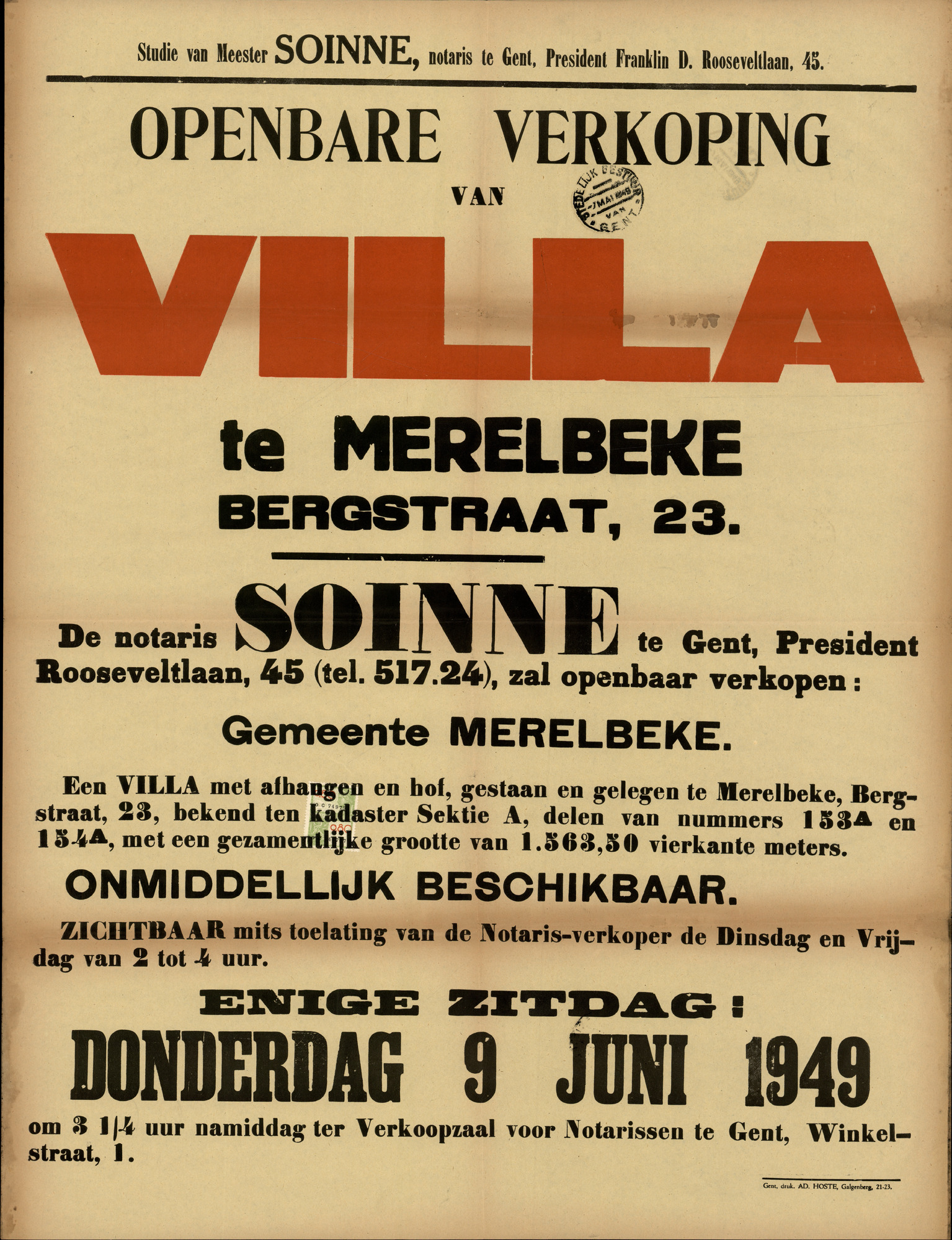 Openbare verkoop van Villa te Merelbeke, Bergstraat, nr.23, Gent, 9 juni 1949