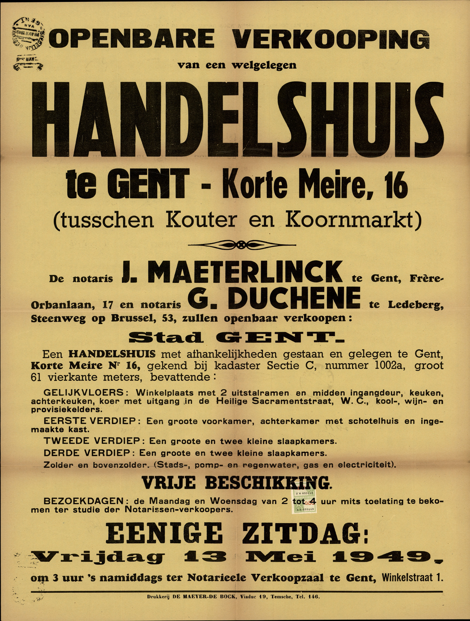 Openbare verkoop van een welgelegen handelshuis te Gent, Korte Meire, nr.16 (Korte Meer), Gent, 13 mei 1949