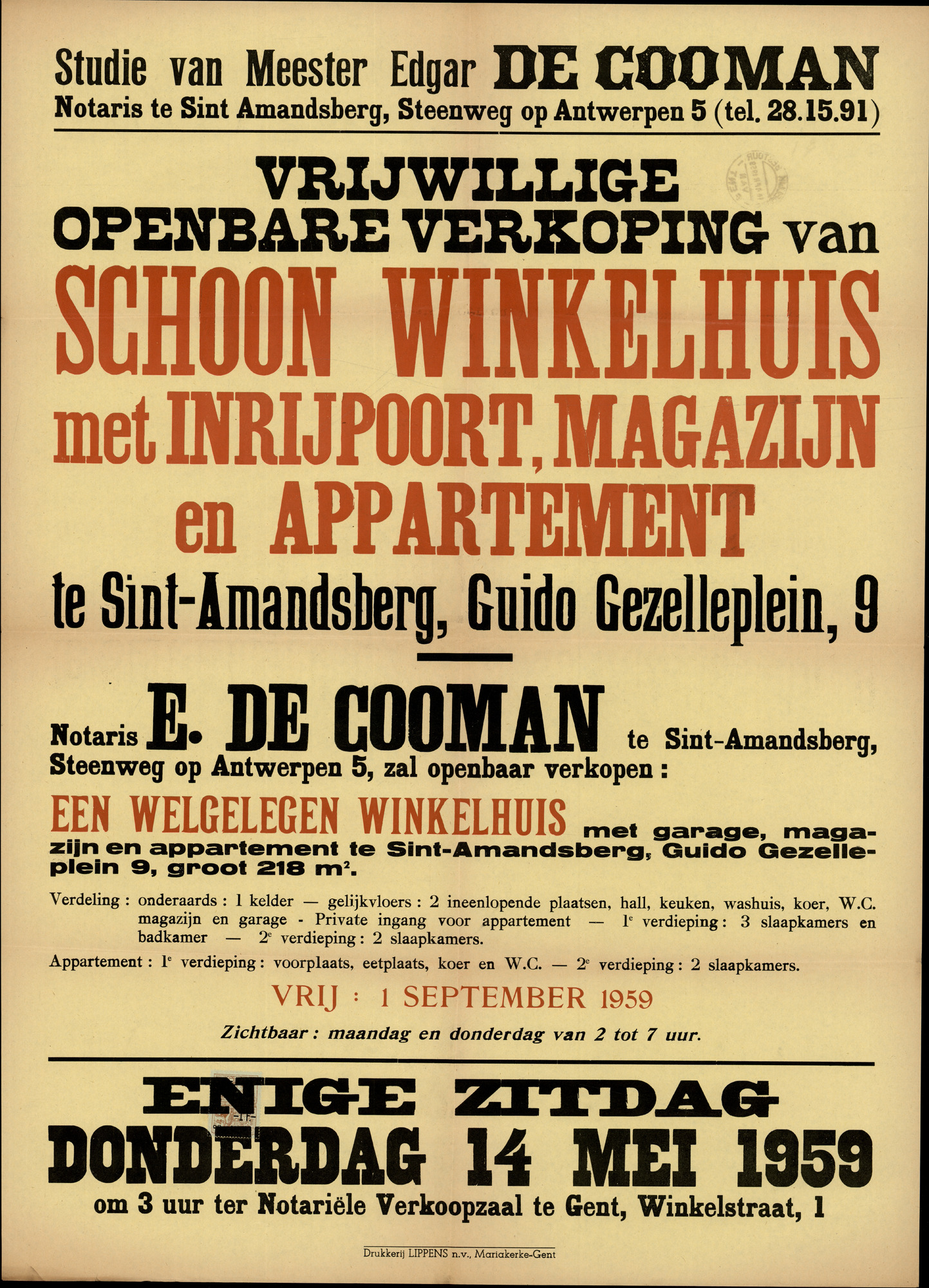 Vrijwillige openbare verkoop van schoon winkelhuis met inrijpoort, magazijn en appartement te Sint-Amandsberg, Guido Gezelleplein, nr.9 (nu Campo-Santoplein) Gent, 14 mei 1959