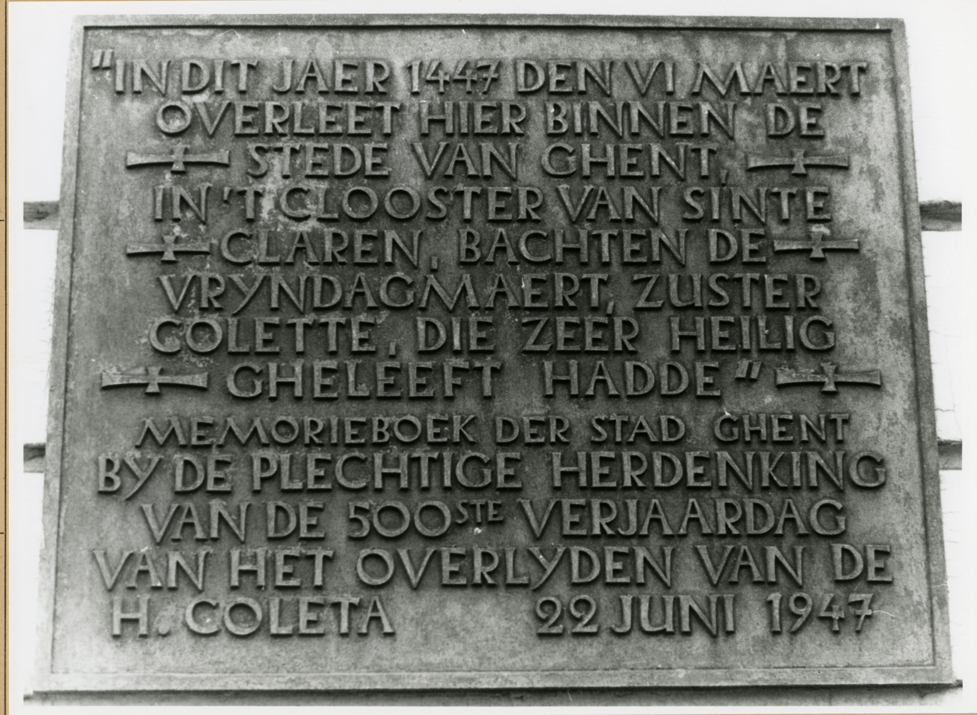 Gent: Goudstraat 5-13: gedenkplaat: Heilige Coleta