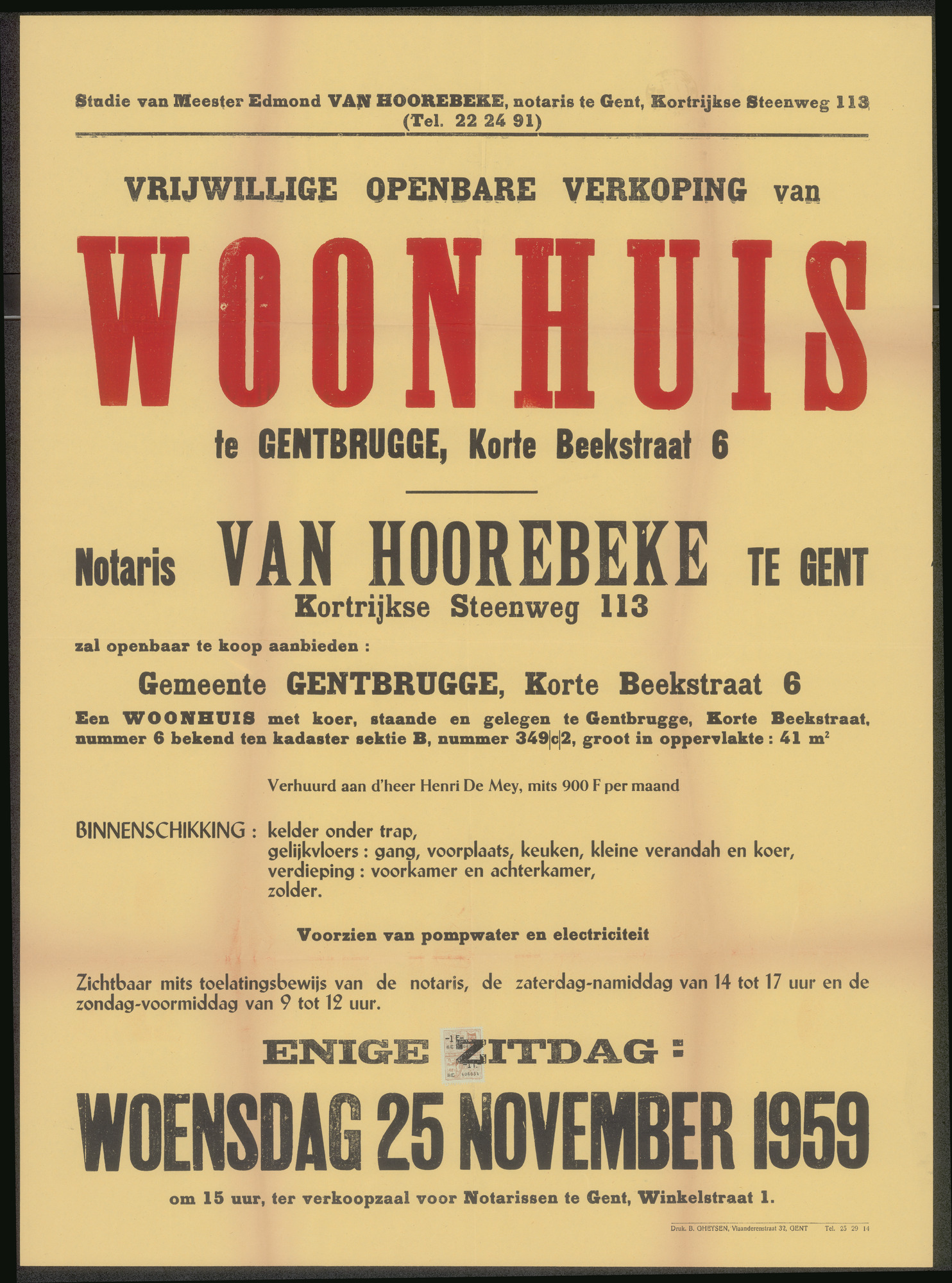Vrijwillige openbare verkoop van woonhuis te Gentbrugge, Korte Beekstraat, nr.6, Gent, 25 november 1959