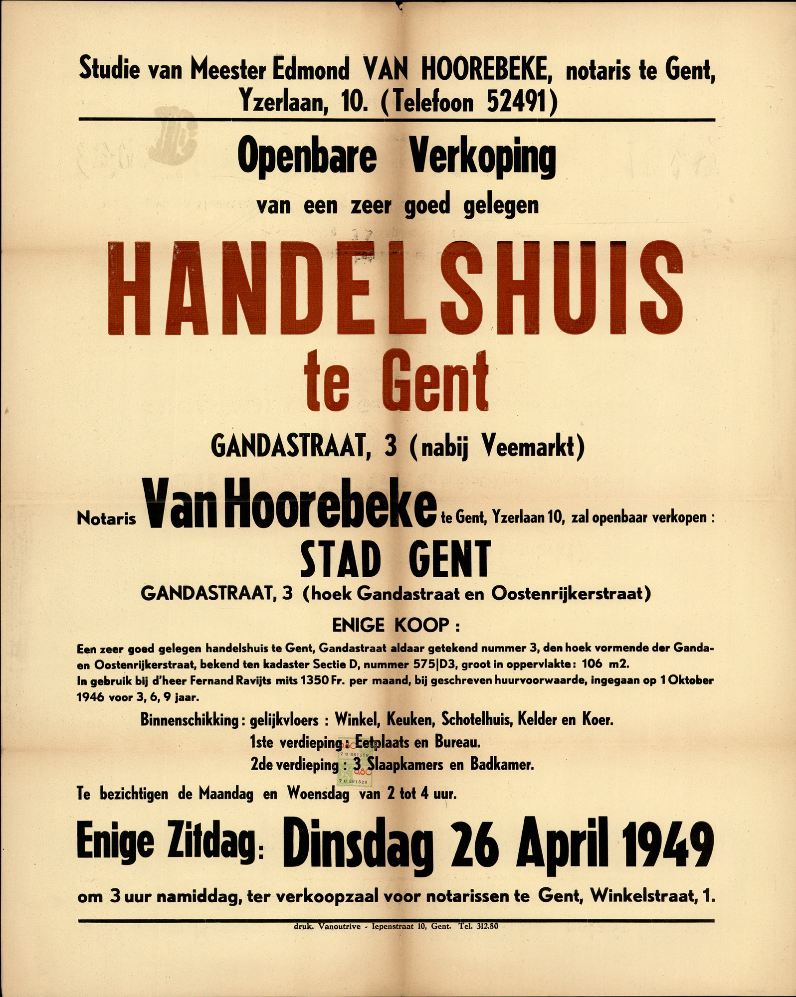 Openbare verkoop van een zeer goed gelegen handelshuis te Gent, Gandastraat, nr.3, Gent, 26 april 1949