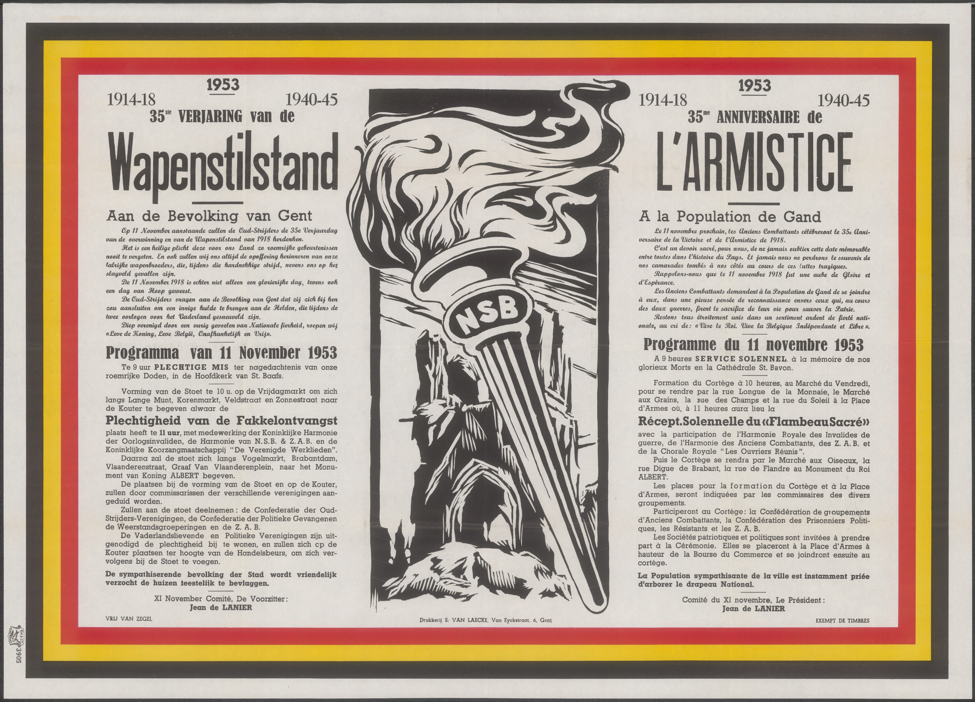 Herdenkingsplechtigheid van de 35e verjaring van de Wapenstilstand 1914-18, 1940-45, Gent, 1953