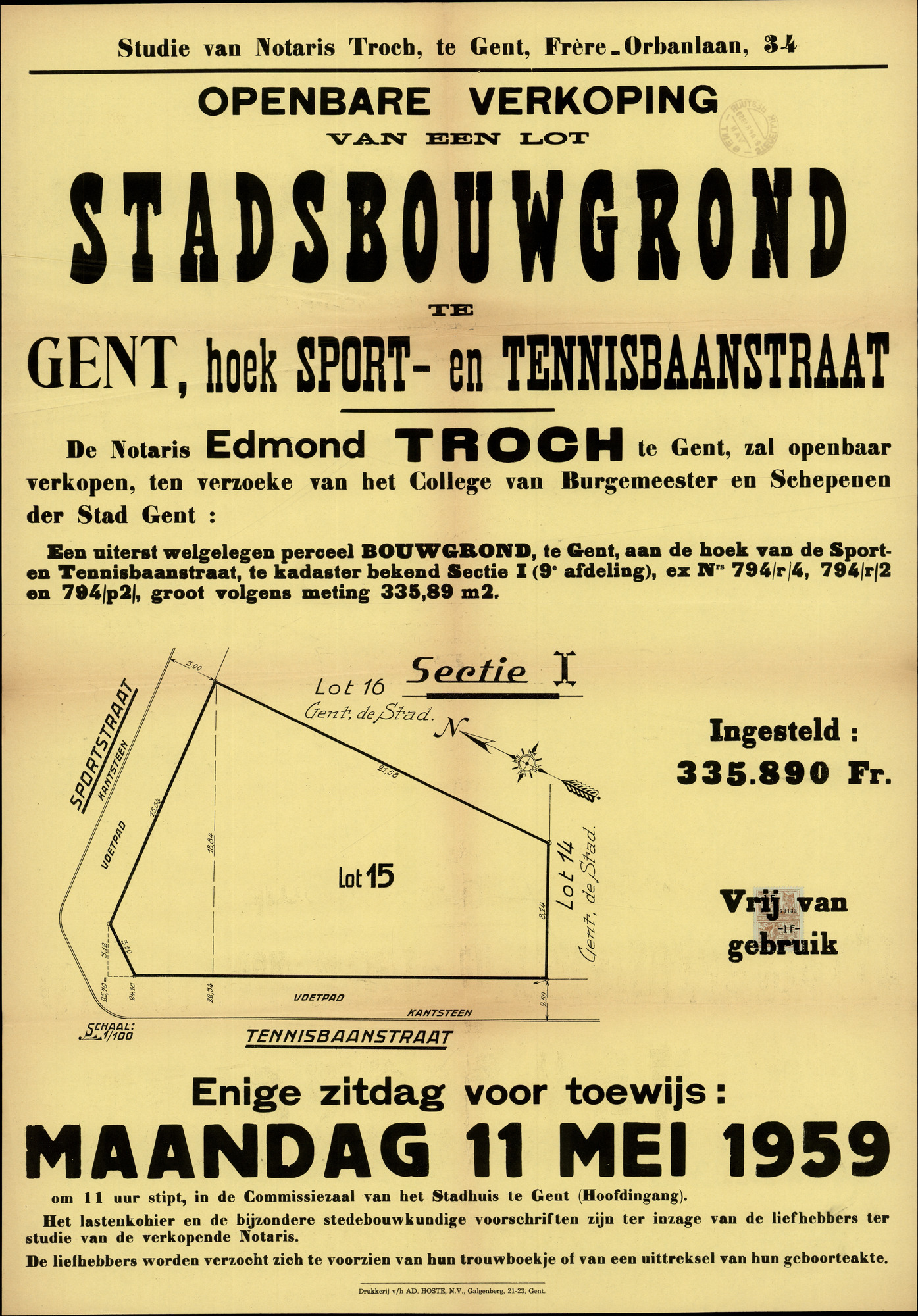 Openbare verkoop van een lot stadsbouwgrond te Gent, hoek Sport- en Tennisbaanstraat, Gent, 11 mei 1959