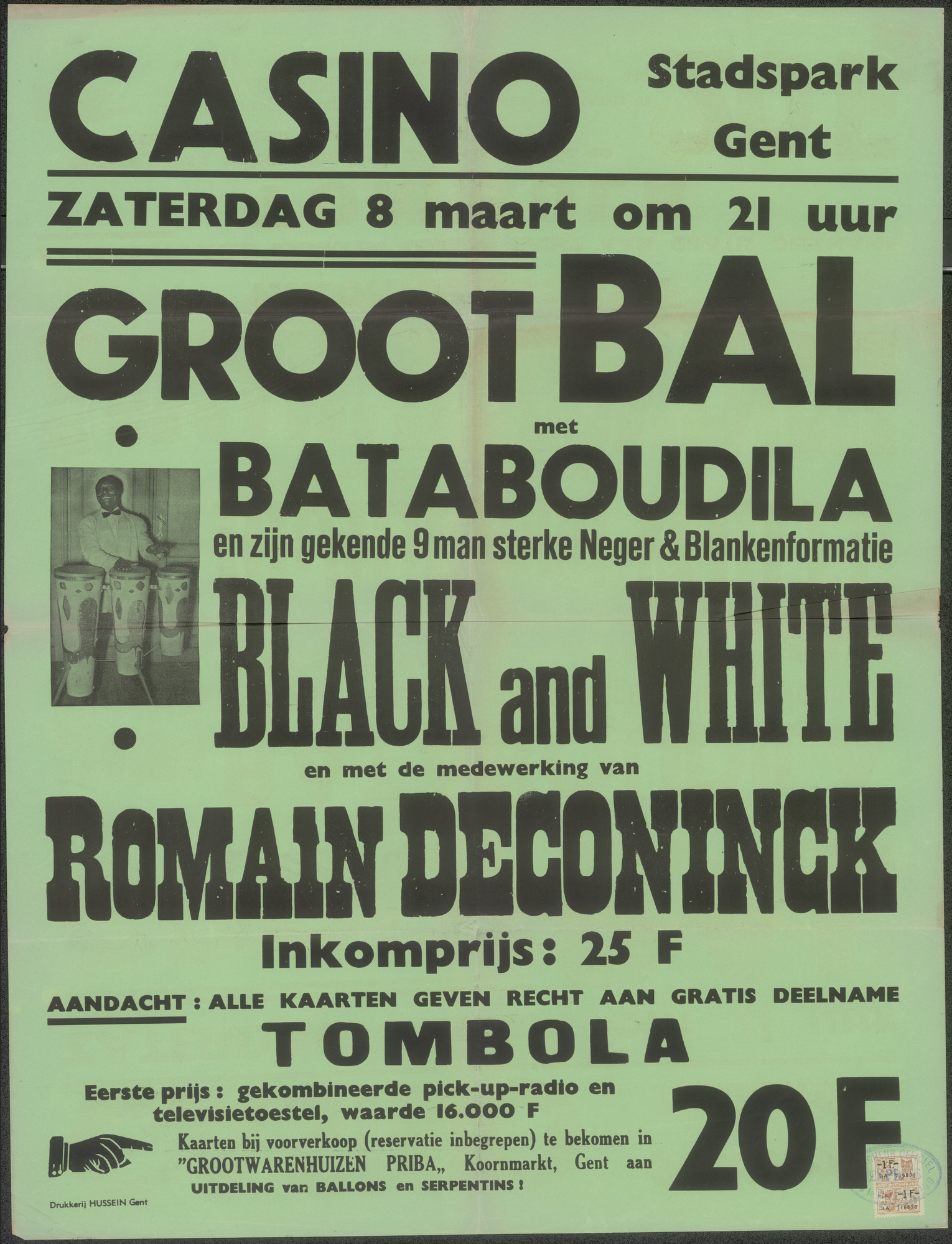 Groot bal met Bataboudila en zijn gekende 9 man sterke Neger- & Blankenformatie "Black and White" en met de medewerking van Romain Deconinck, Casino, Stadspark (Citadelpark), Gent, 8 maart 1958