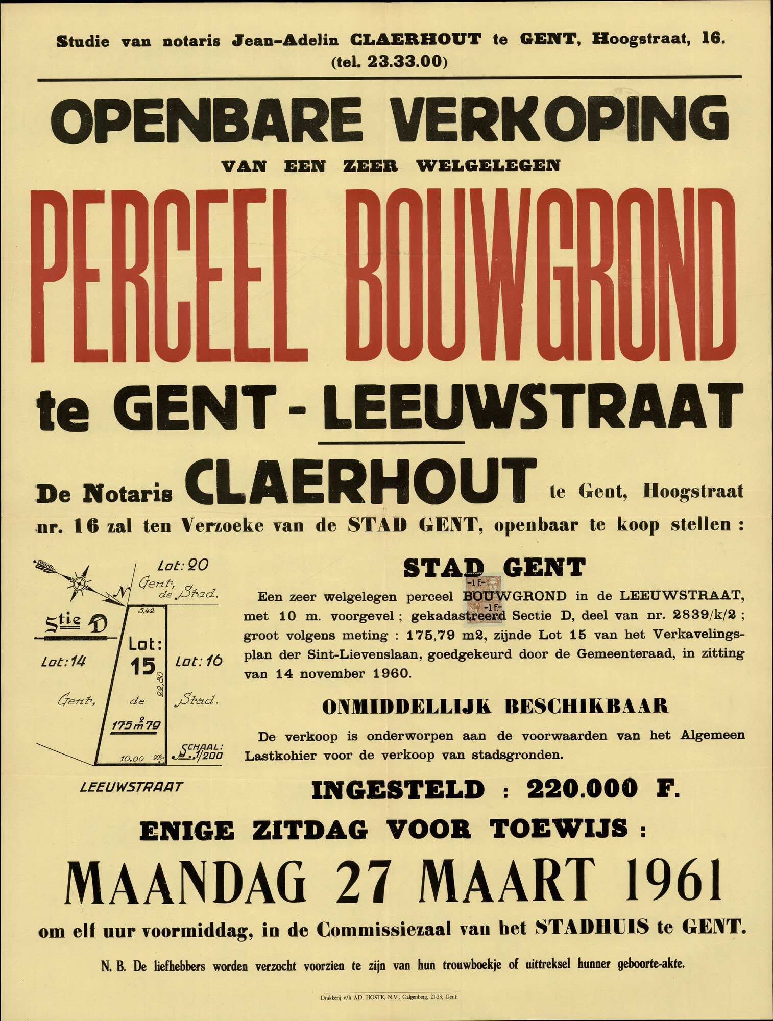 Openbare verkoop van een zeer welgelegen perceel bouwgrond te Gent, Leeuwstraat, Gent, 27 maart 1961