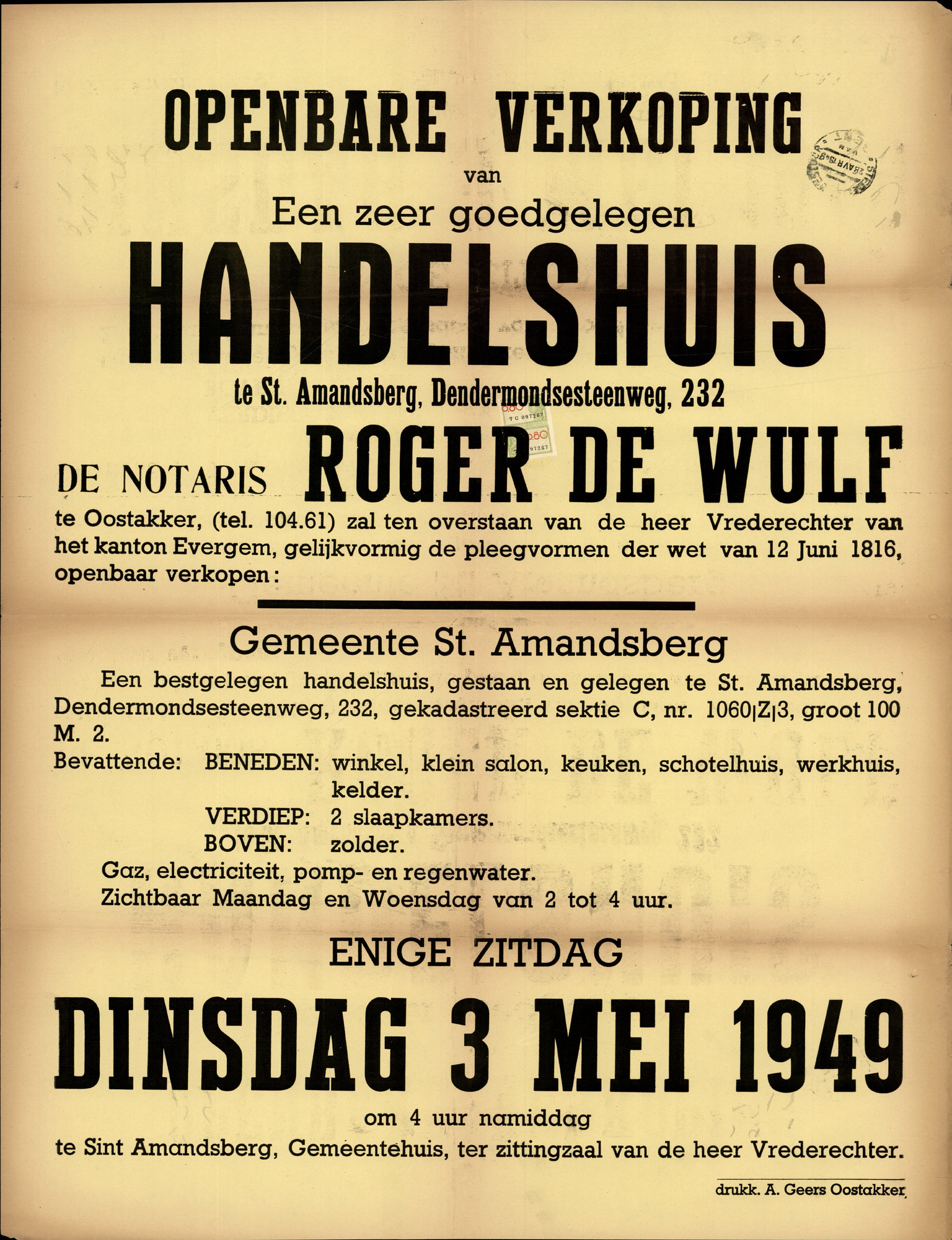 Openbare verkoop van een zeer goedgelegen handelshuis te Sint-Amandsberg, Dendermondsesteenweg, nr.232, Gent, 3 mei 1949